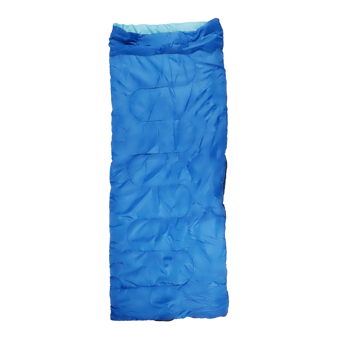 Un sac de couchage bleu avec des accents bleu clair, posé sur fond blanc.