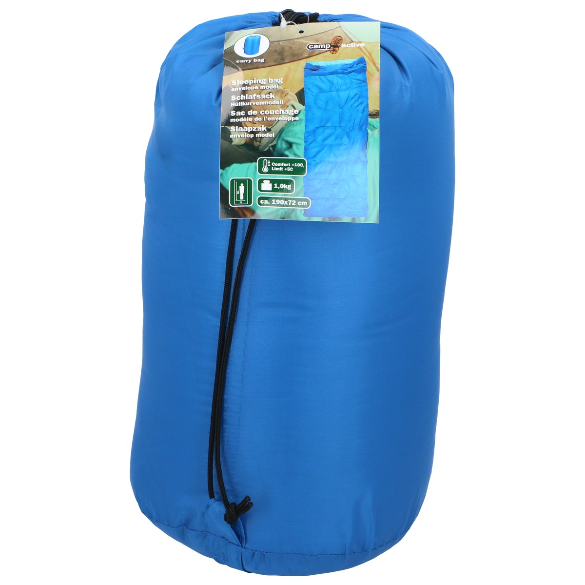 Un sac de couchage bleu dans son sac de transport, avec une étiquette indiquant poids et dimensions.