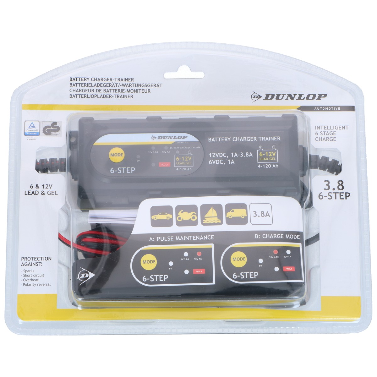 Cargador de batería Dunlop 6 y 12V, 6 etapas, carga inteligente.