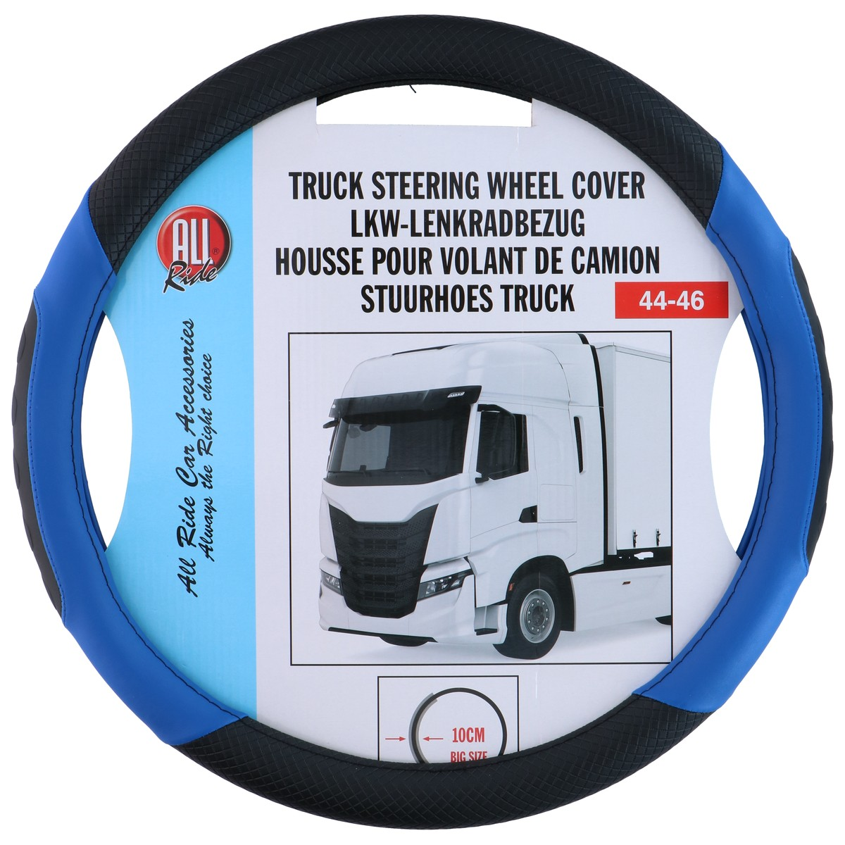 Blue and black truck steering wheel cover with text and truck image.