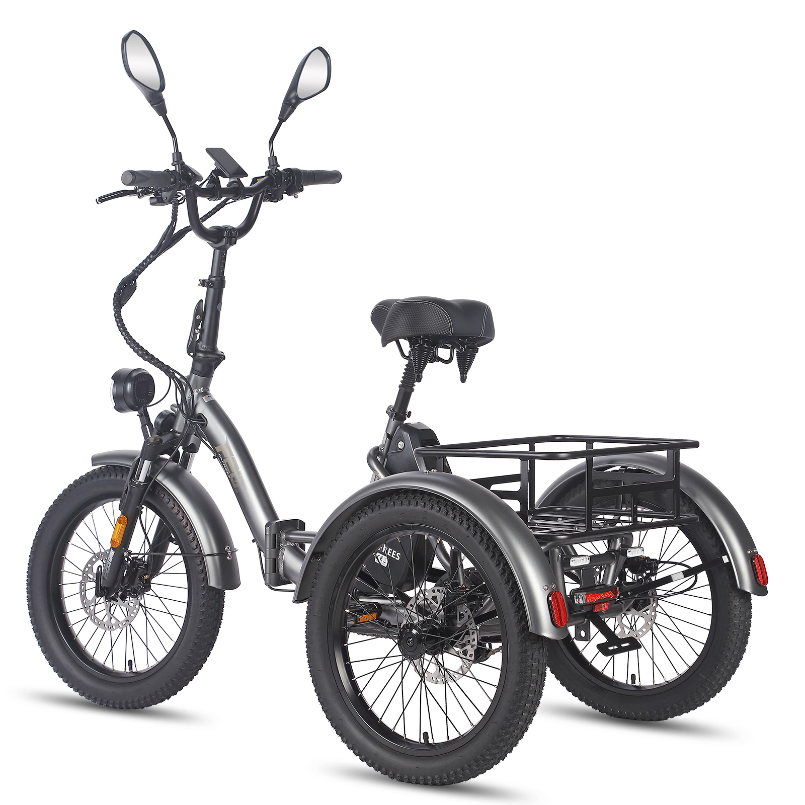 Triciclo eléctrico gris con portaequipajes trasero y neumáticos anchos.