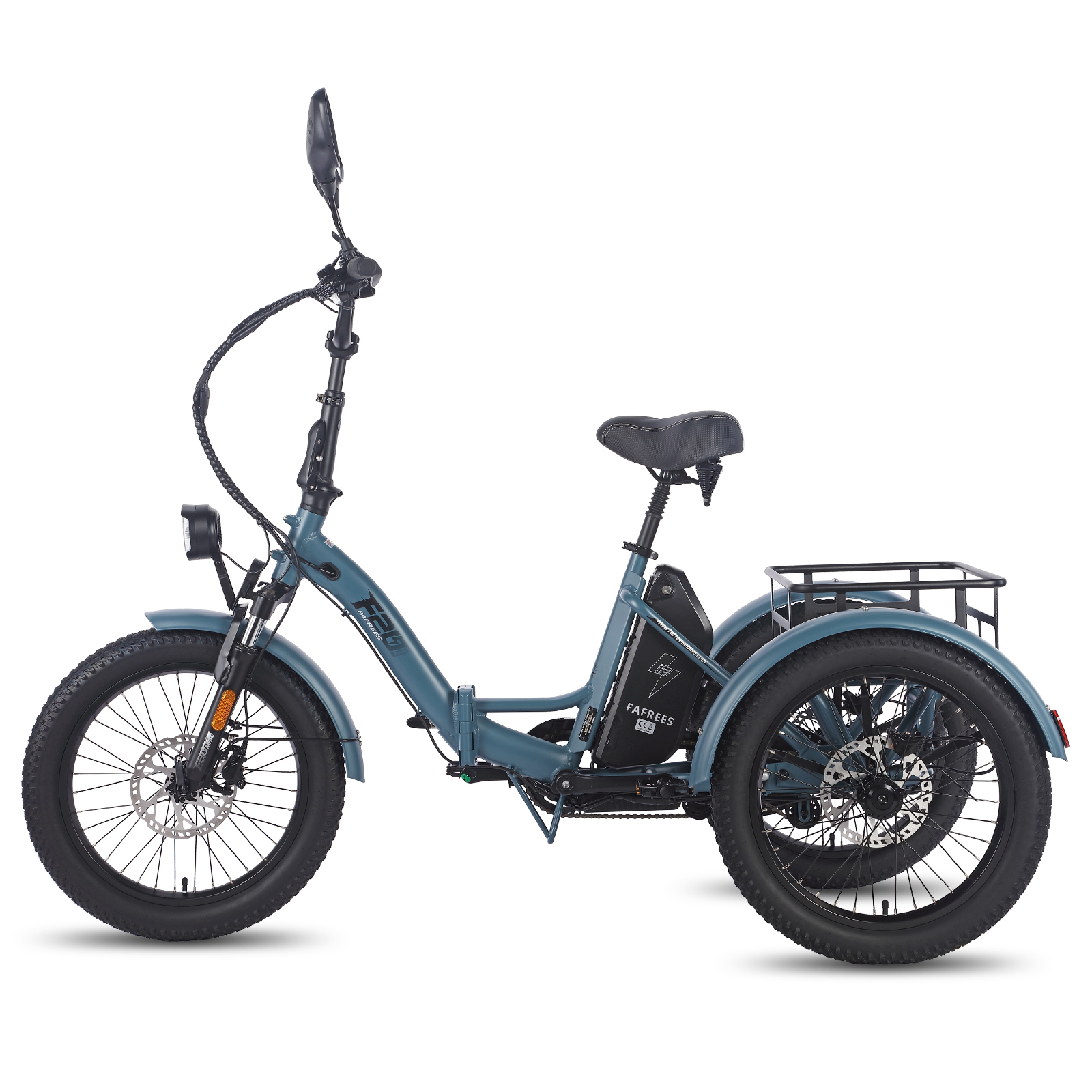 Un triciclo eléctrico azul con neumáticos anchos y portaequipajes.