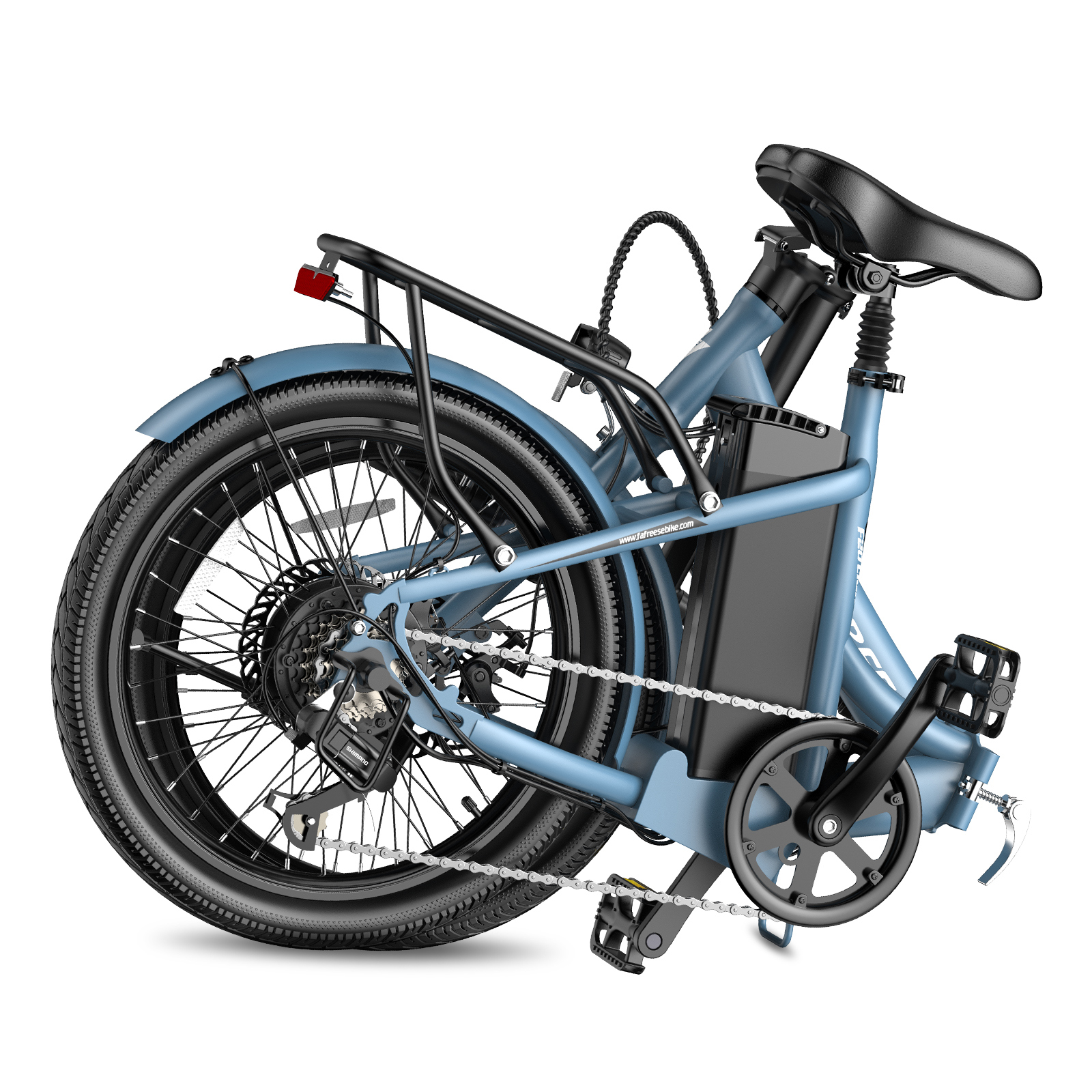 Bicicleta eléctrica plegable azul con neumáticos, asiento, batería y portaequipajes negros. Fondo blanco.