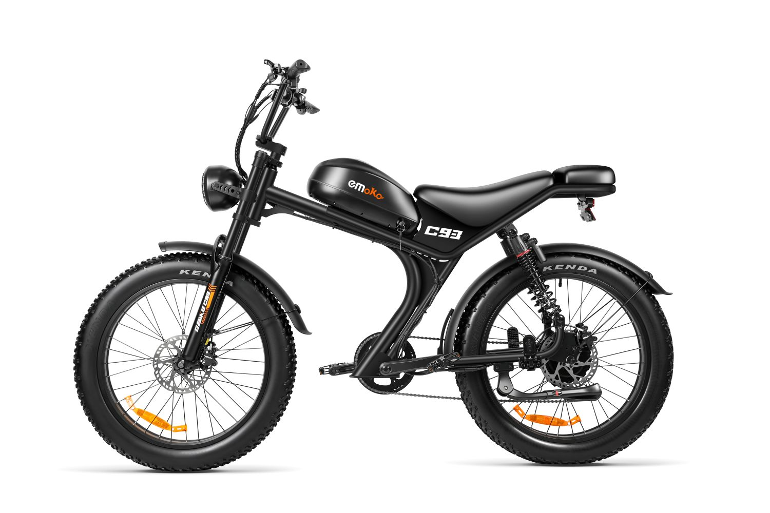 Bicicletta elettrica nera con pneumatici larghi, faro anteriore e nome C93.
