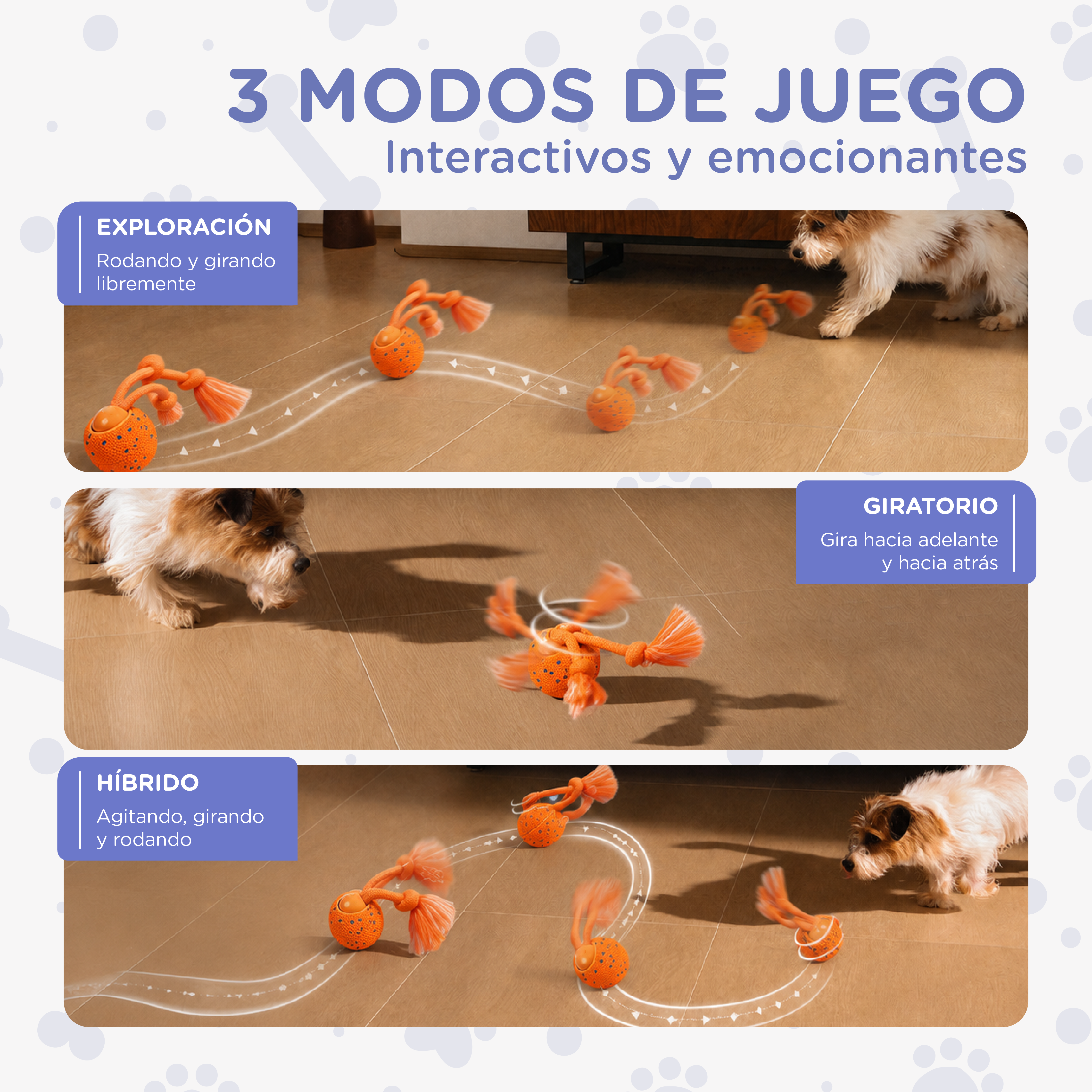 Tres modos de juego para perros: Exploración, Giratorio e Híbrido con juguete naranja.