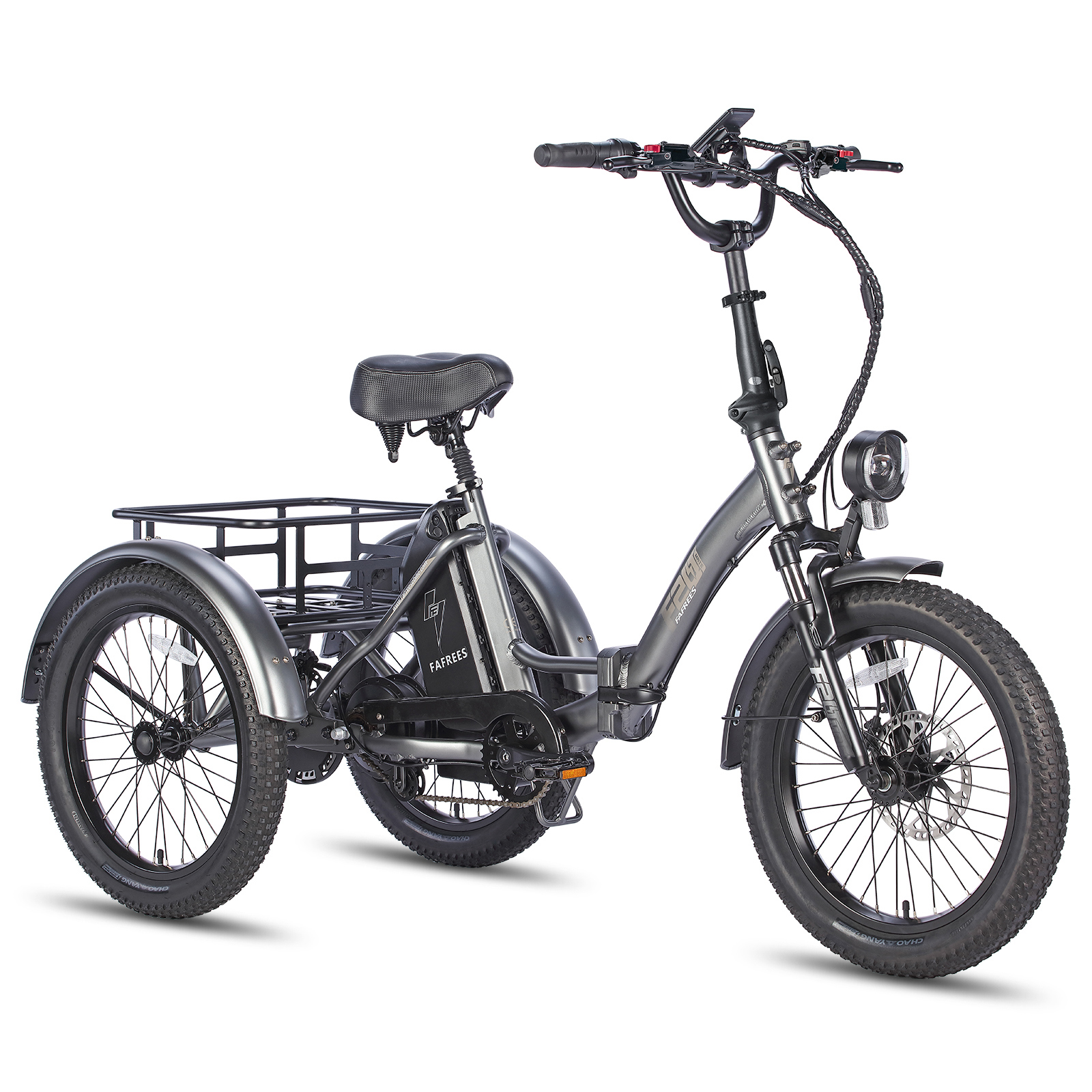 Triciclo eléctrico gris de neumáticos anchos con portaequipajes trasero y sillín.