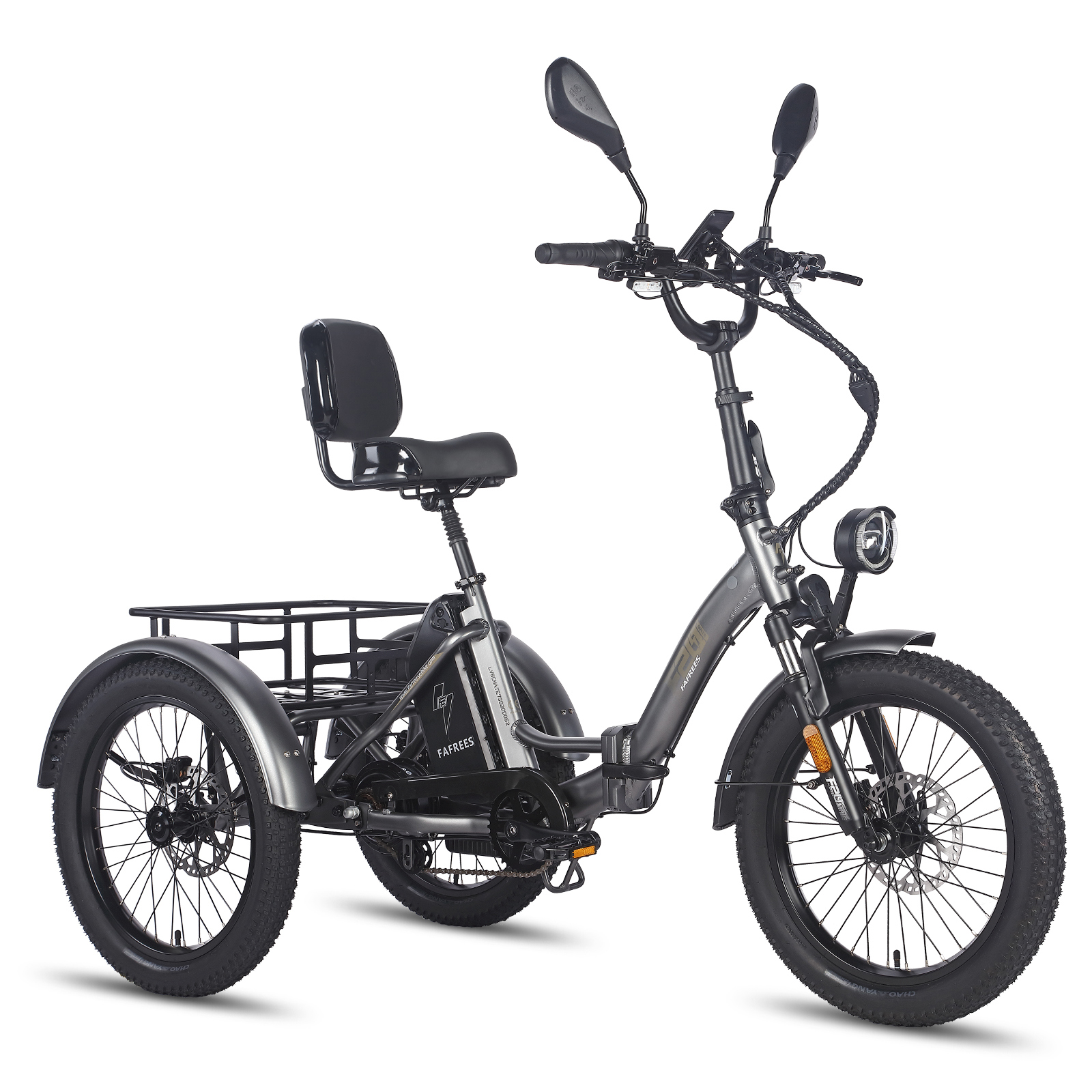 Triciclo eléctrico gris de llantas anchas con portaequipajes y asiento con respaldo.
