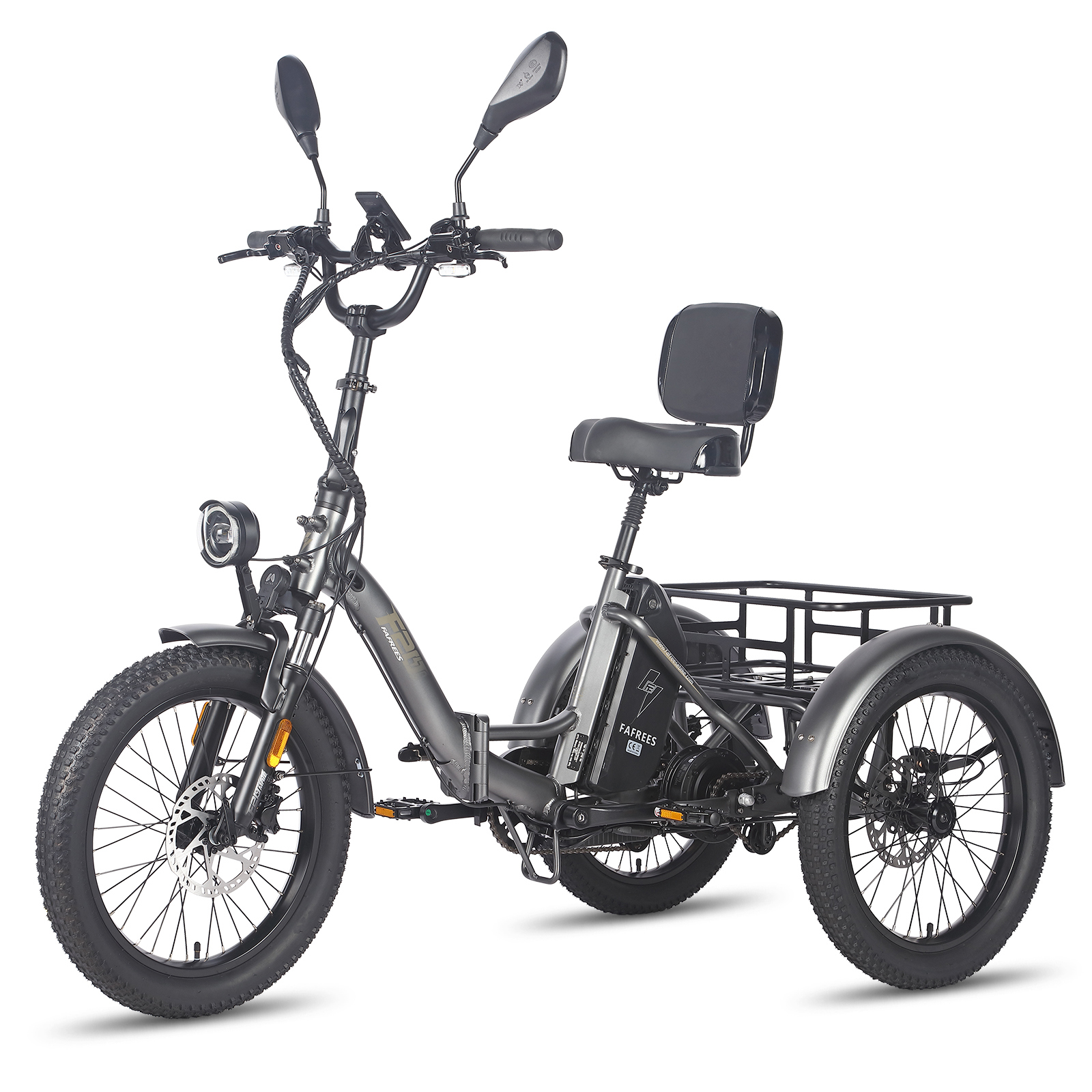 Triciclo eléctrico gris con neumáticos anchos, asiento y portaequipajes.