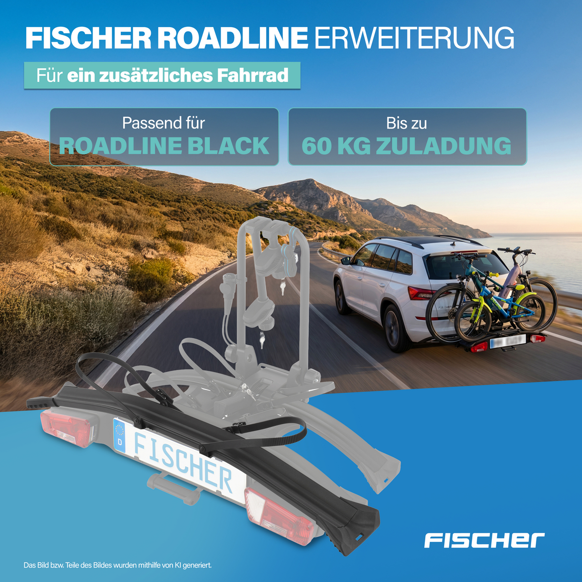 Ein Auto mit Fahrradträger fährt auf einer Küstenstraße. Max. 60 kg Zuladung.