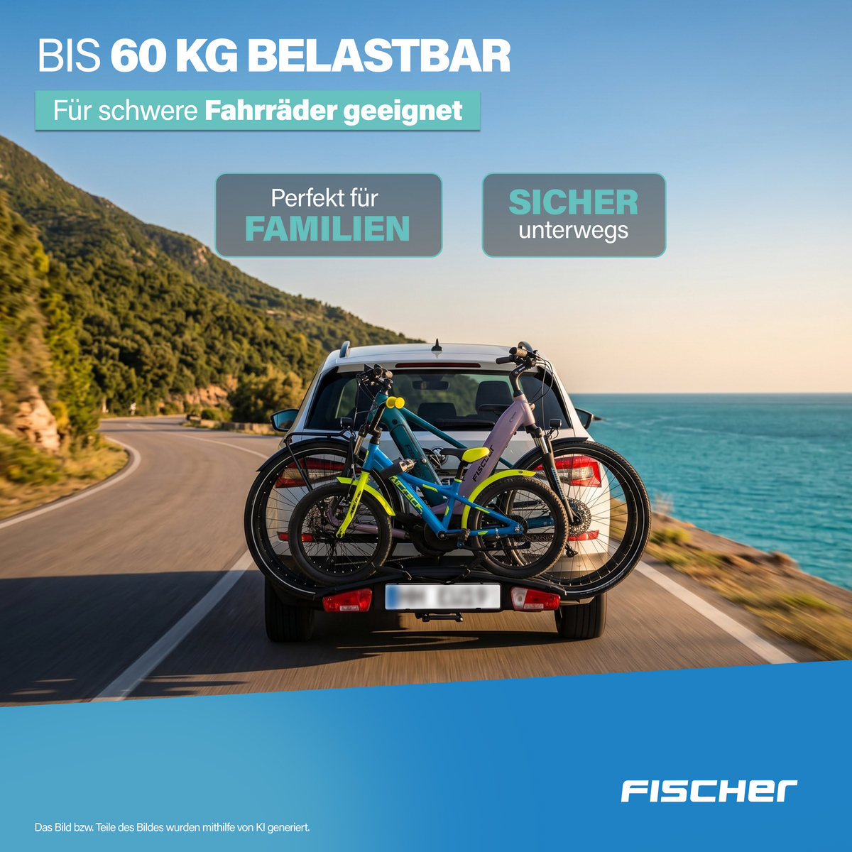 Ein weißes Auto transportiert zwei Fahrräder an der Küste.