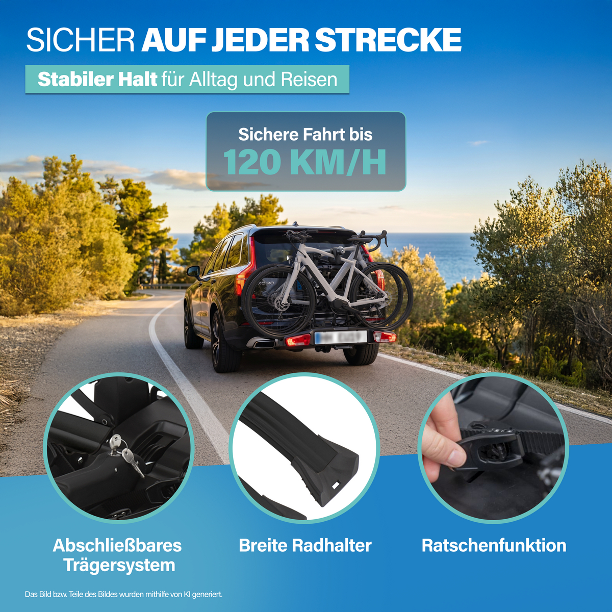Ein schwarzer SUV fährt auf einer Küstenstraße mit zwei Fahrrädern auf der Rückseite.