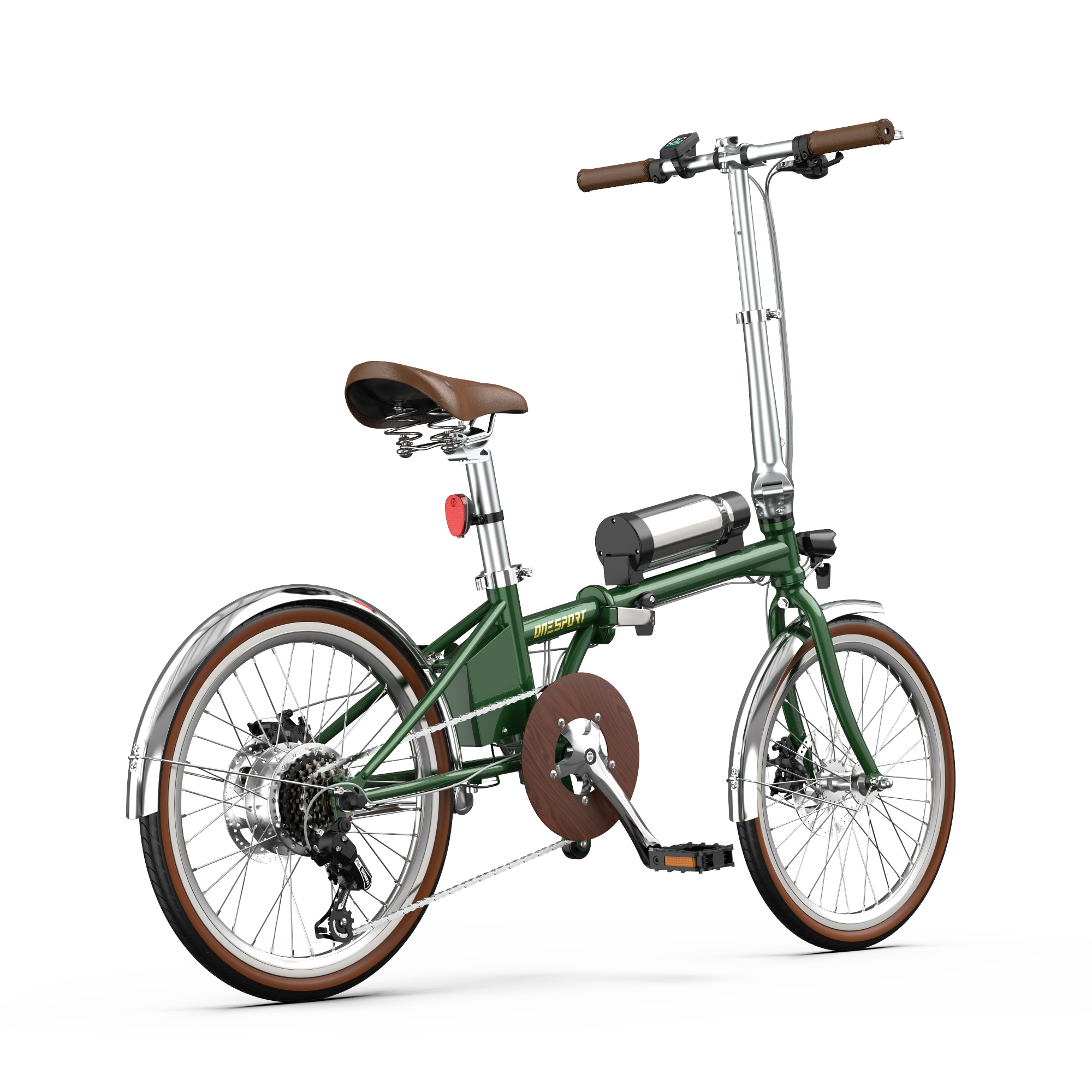 Bicicleta eléctrica plegable verde con sillín marrón y manillar plateado.