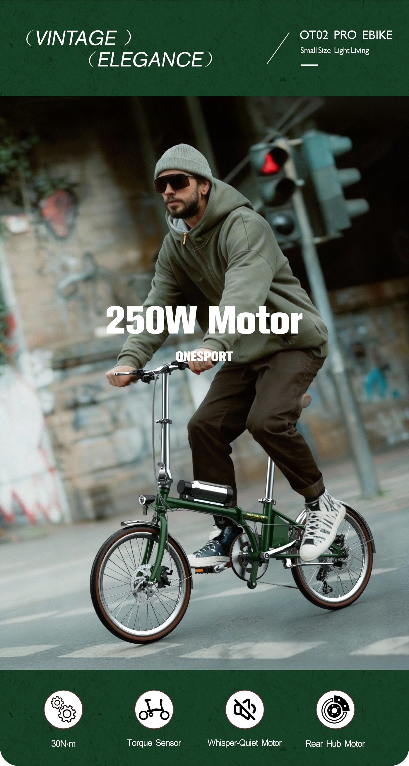 Hombre monta una bicicleta eléctrica plegable verde con motor de 250W.