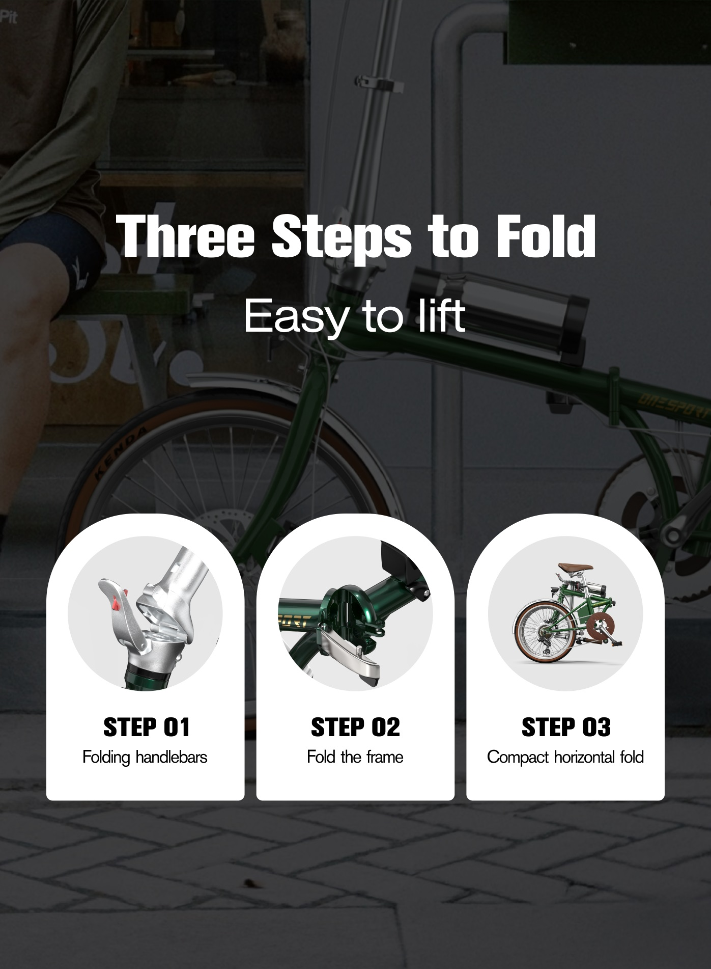 Tres pasos para plegar una bicicleta verde: plegar manillar, plegar cuadro, plegado horizontal compacto.