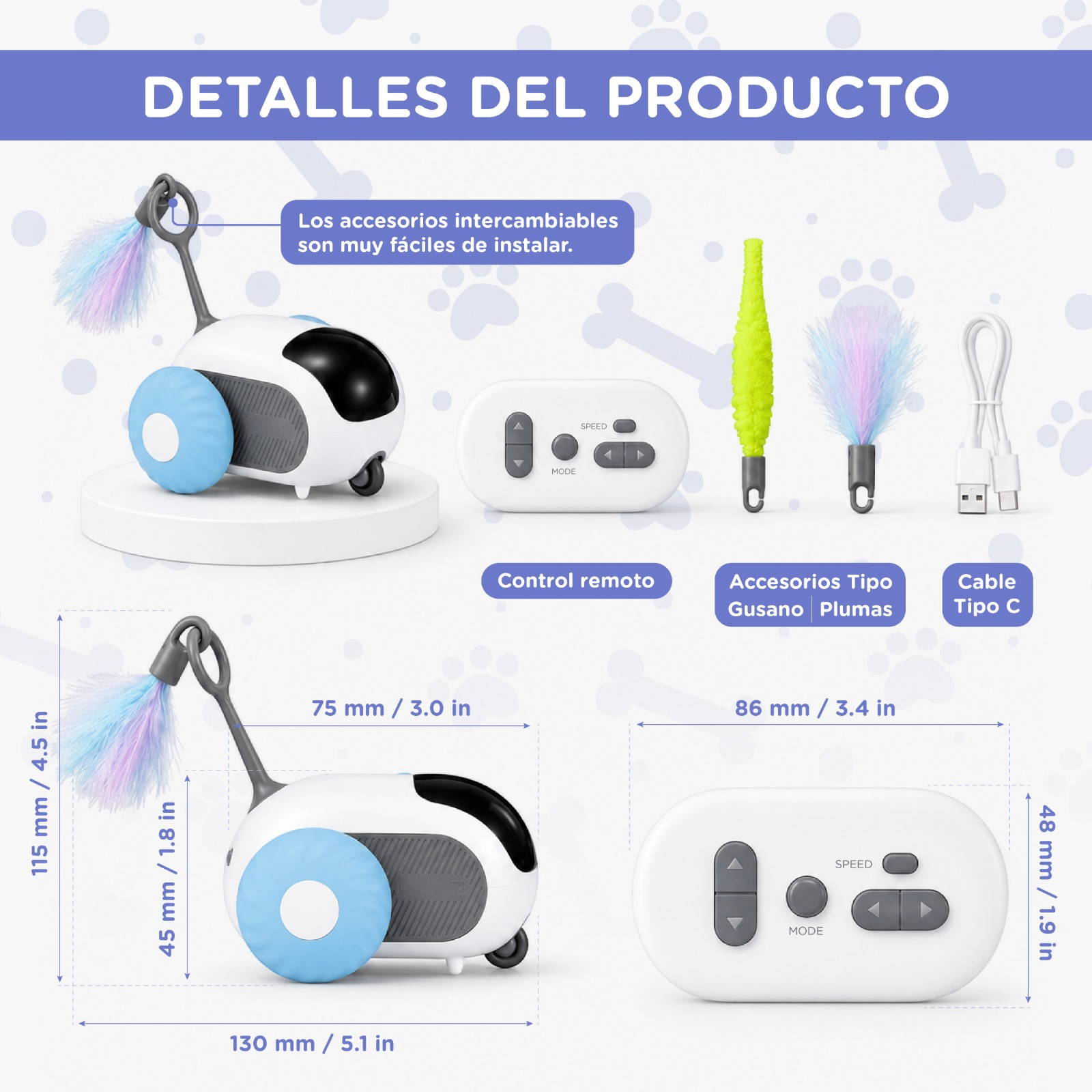Un robot blanco con ruedas azules y accesorio de plumas, mando y cable.