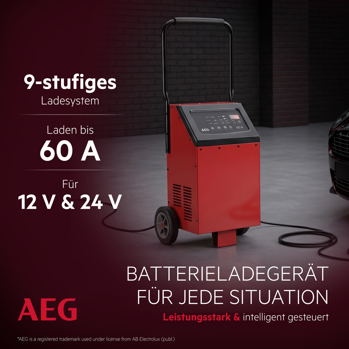Rotes AEG Batterieladegerät mit 60A Ladestrom für 12V & 24V.