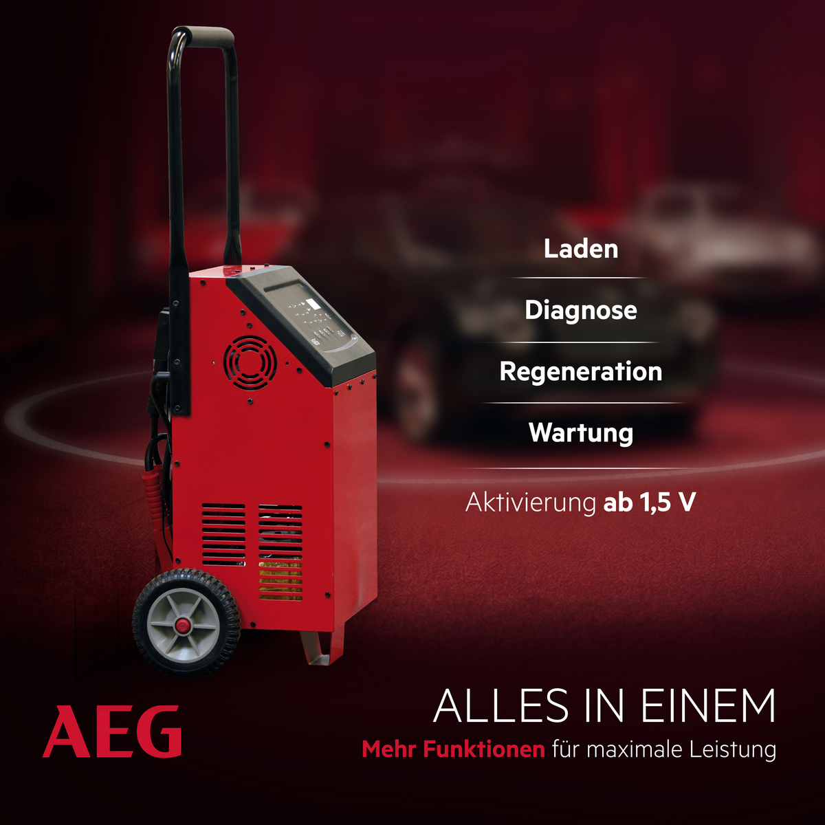Rotes Ladegerät mit Griff, Rädern und Display. Funktionen: Laden, Diagnose, Regeneration, Wartung.