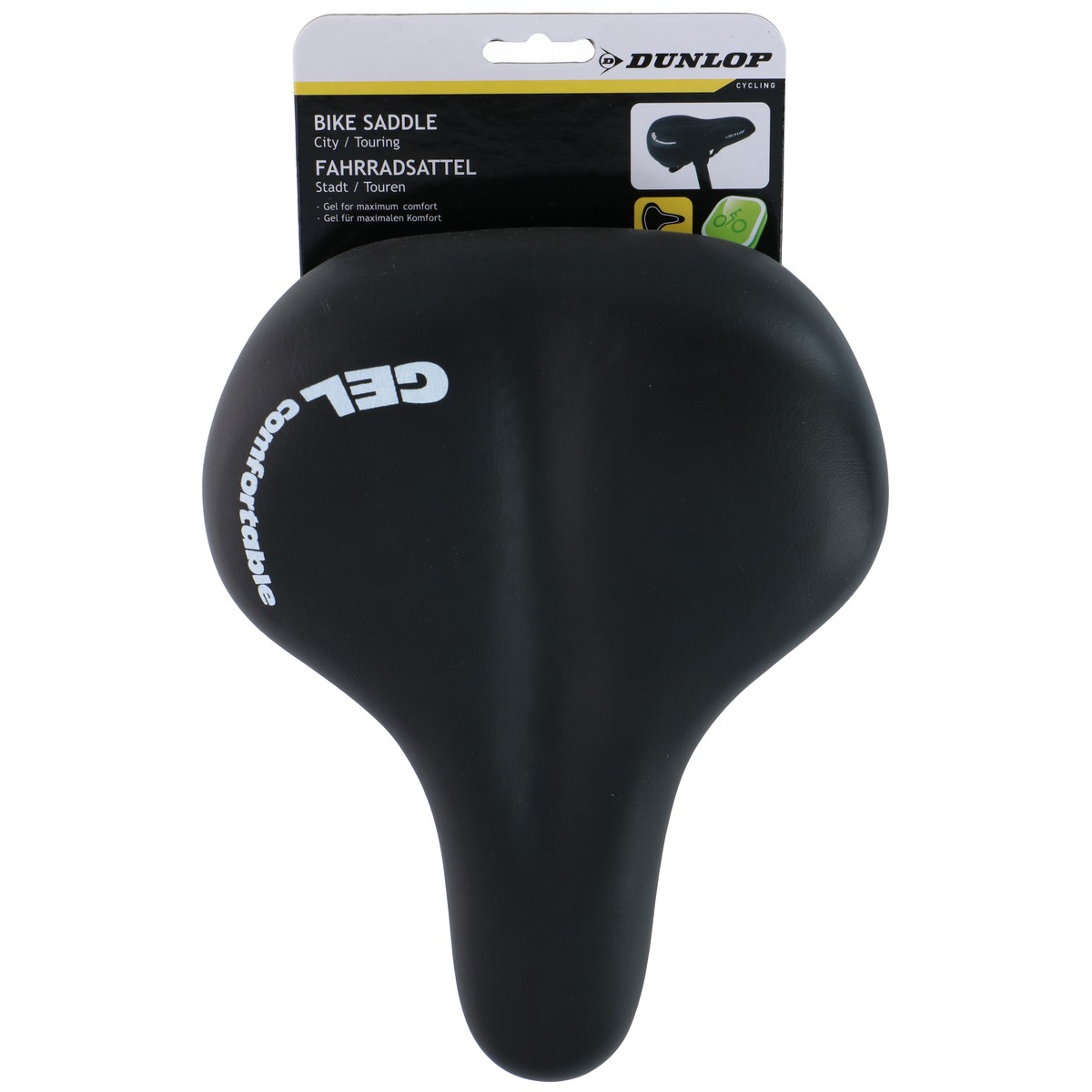Schwarzer Fahrradsattel mit "GEL" und "comfortable" Aufschrift.