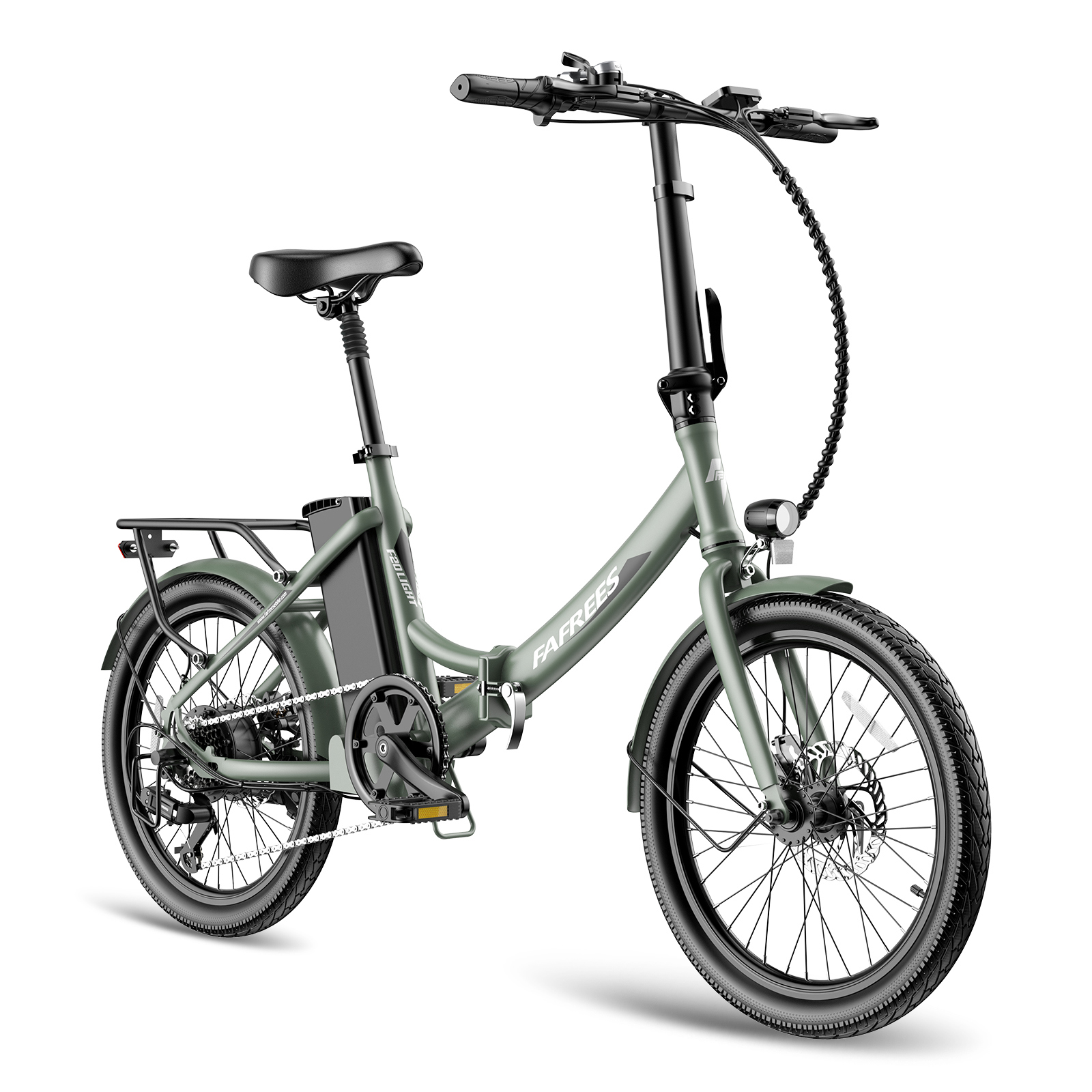 Una bicicleta eléctrica plegable verde oliva con portaequipajes y batería.