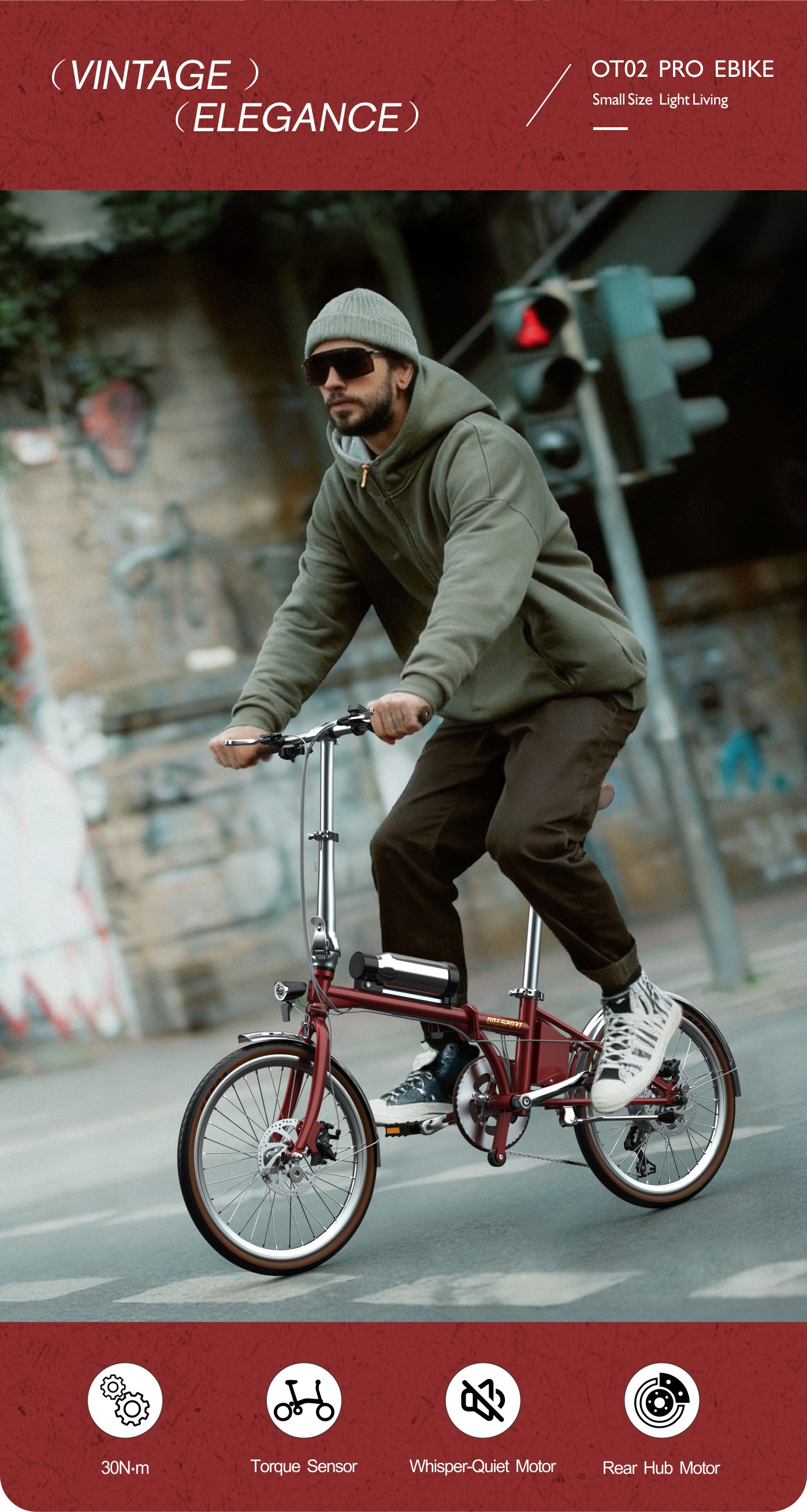 Hombre montando una e-bike plegable roja en una calle con grafitis y semáforos.