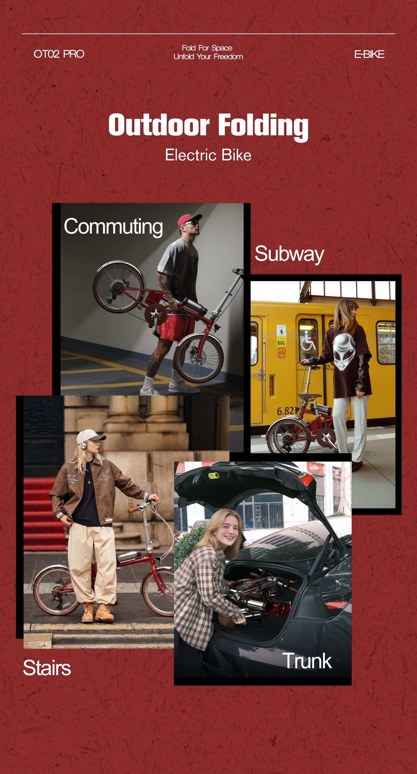 Hombre lleva bicicleta plegable roja; mujer con bici ante tren amarillo; mujer con bici junto a coche.