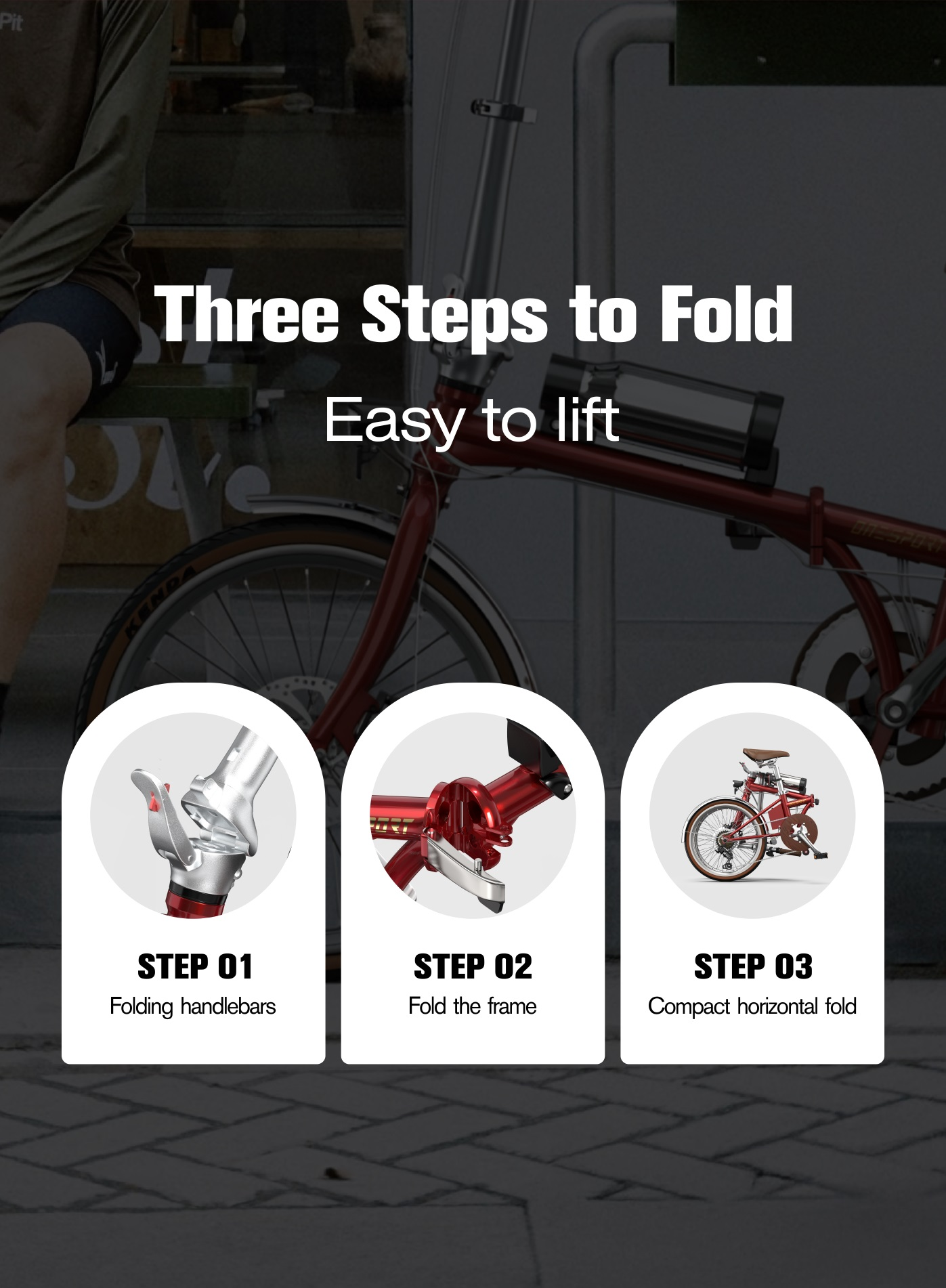 Instrucciones para plegar una bicicleta plegable roja en tres pasos.