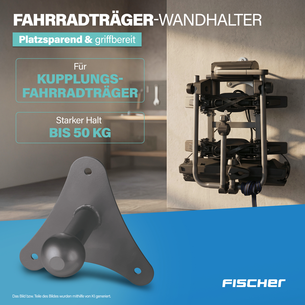 Fahrradträger-Wandhalterung aus Metall für Anhängerkupplung, bis 50 kg.