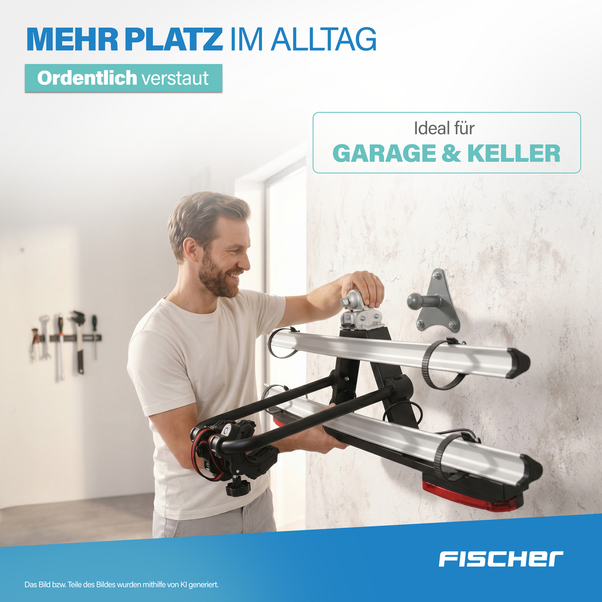 Mann montiert Fahrradträger an Wandhalterung in Garage oder Keller.