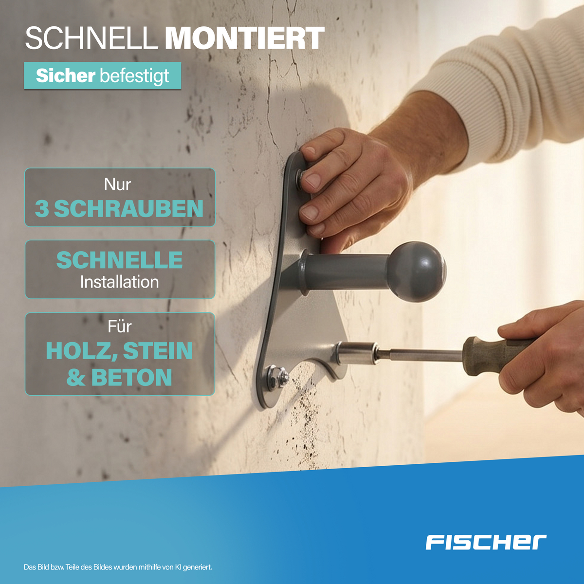 Mann montiert Fischer Wandhalterung mit Schraubendreher an Wand.