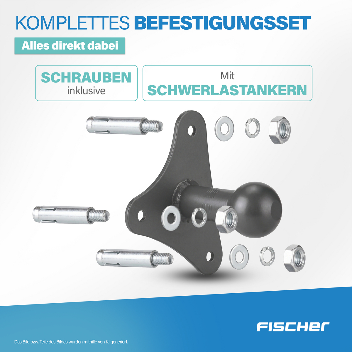 Befestigungsset mit Schrauben und Schwerlastankern, Metallteilen auf grauem Hintergrund.