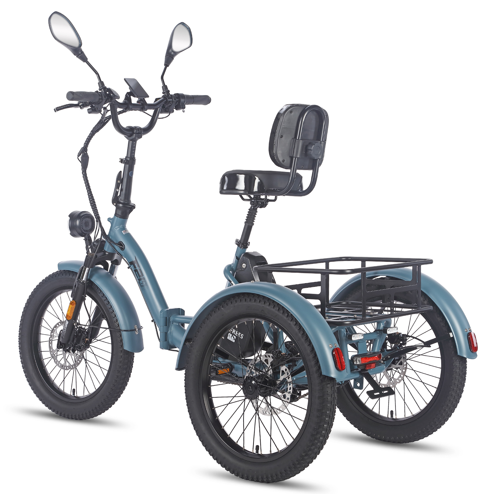 Un triciclo eléctrico azul verdoso con neumáticos anchos, portaequipajes y espejos.