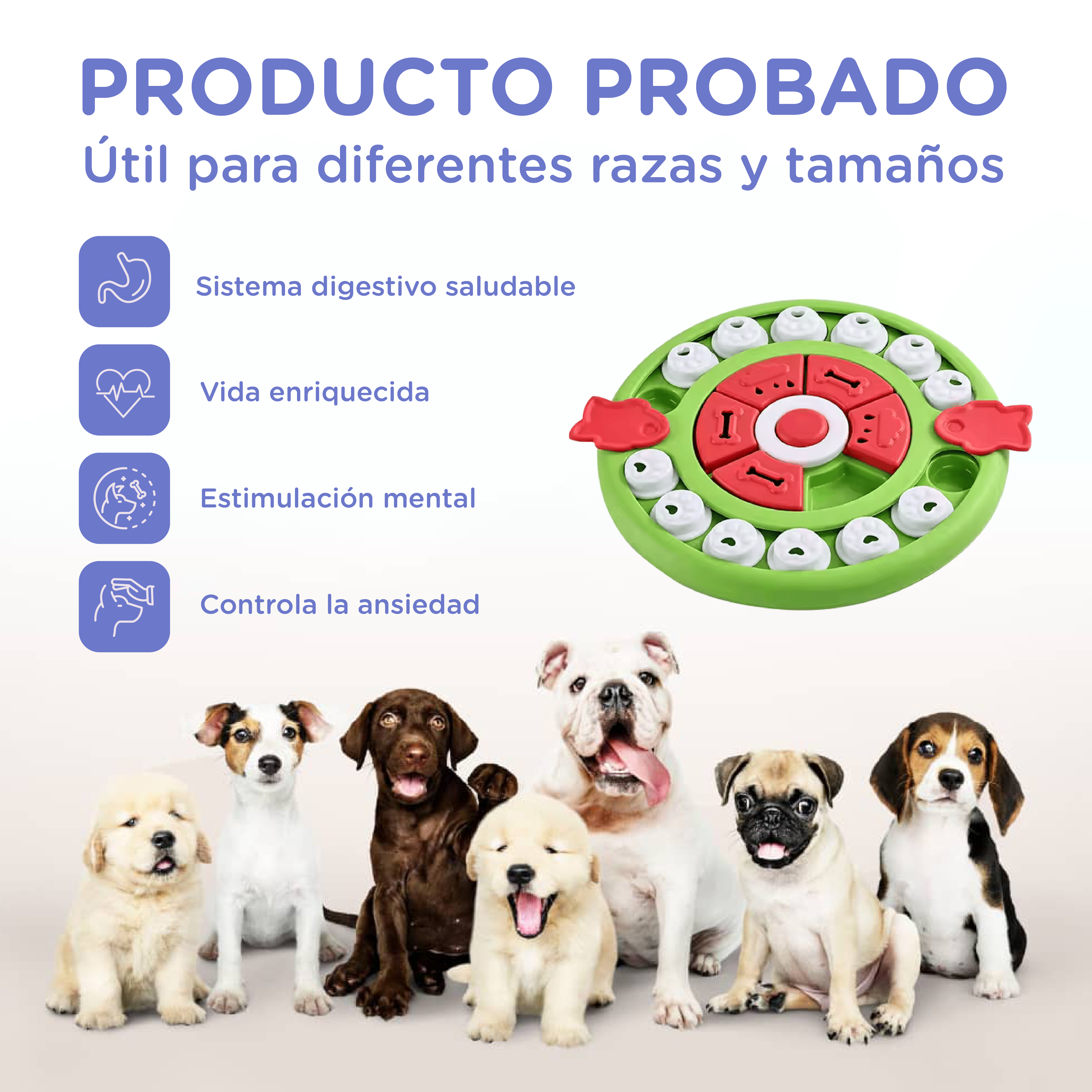 Un juguete verde para perros con compartimentos y varios perros.