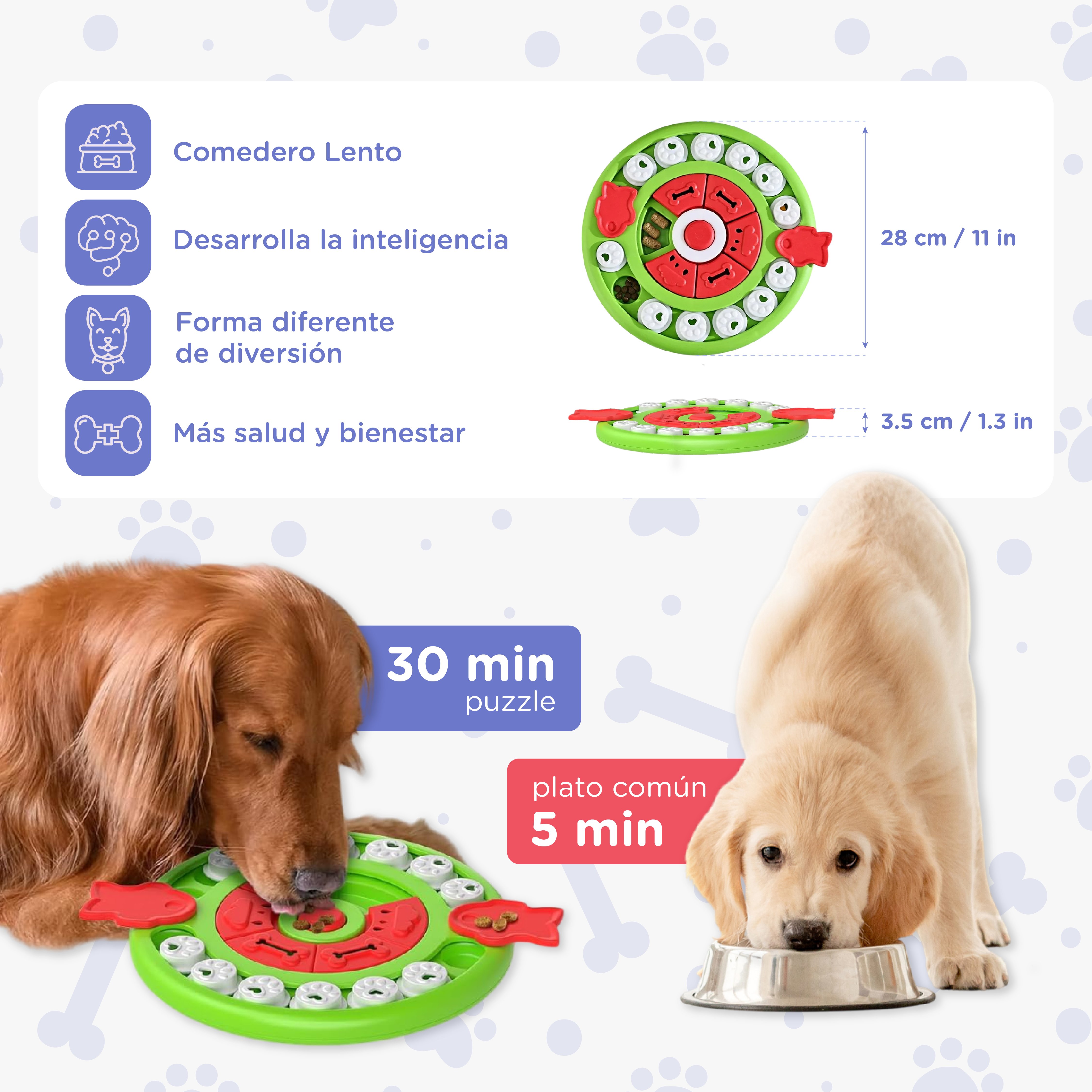 Un perro juega con un juguete dispensador de comida verde, un cachorro come de un cuenco.