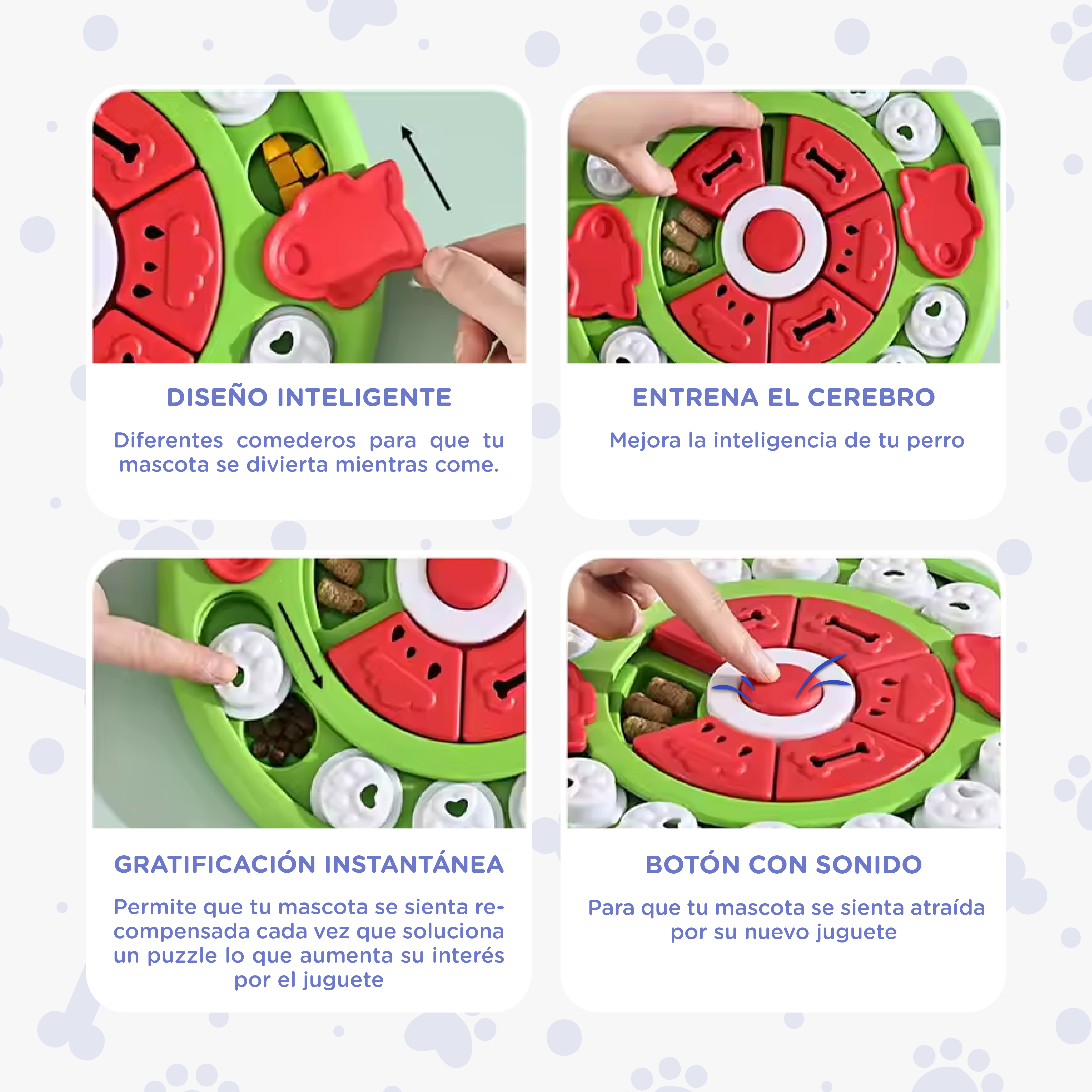 Un juguete de rompecabezas verde para perros con partes rojas y blancas.