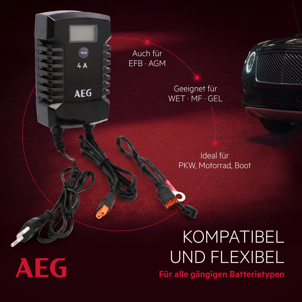 AEG Batterieladegerät mit Kabeln, kompatibel mit PKW, Motorrad und Boot.