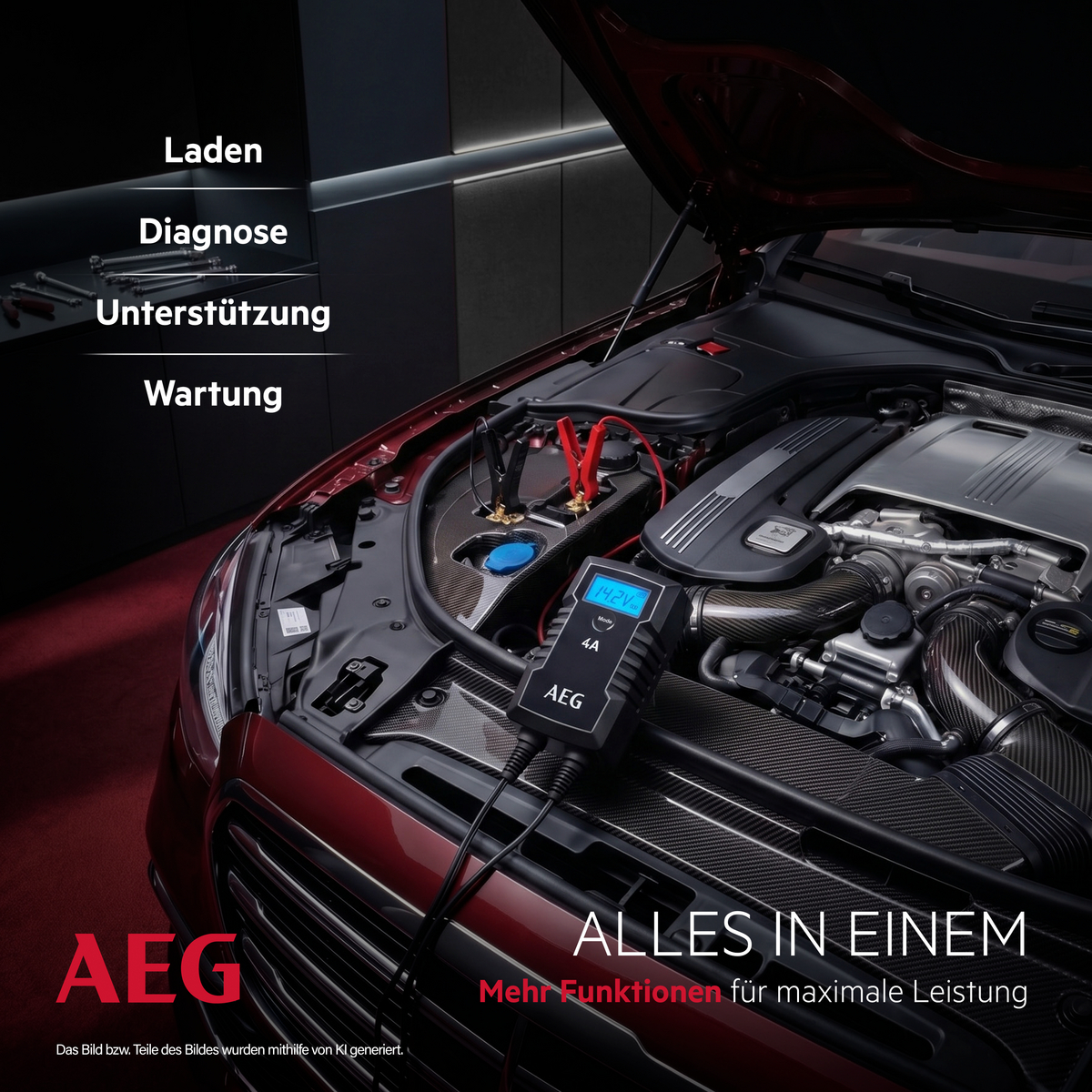 Autobatterieladegerät von AEG wird an einer Autobatterie angeschlossen.
