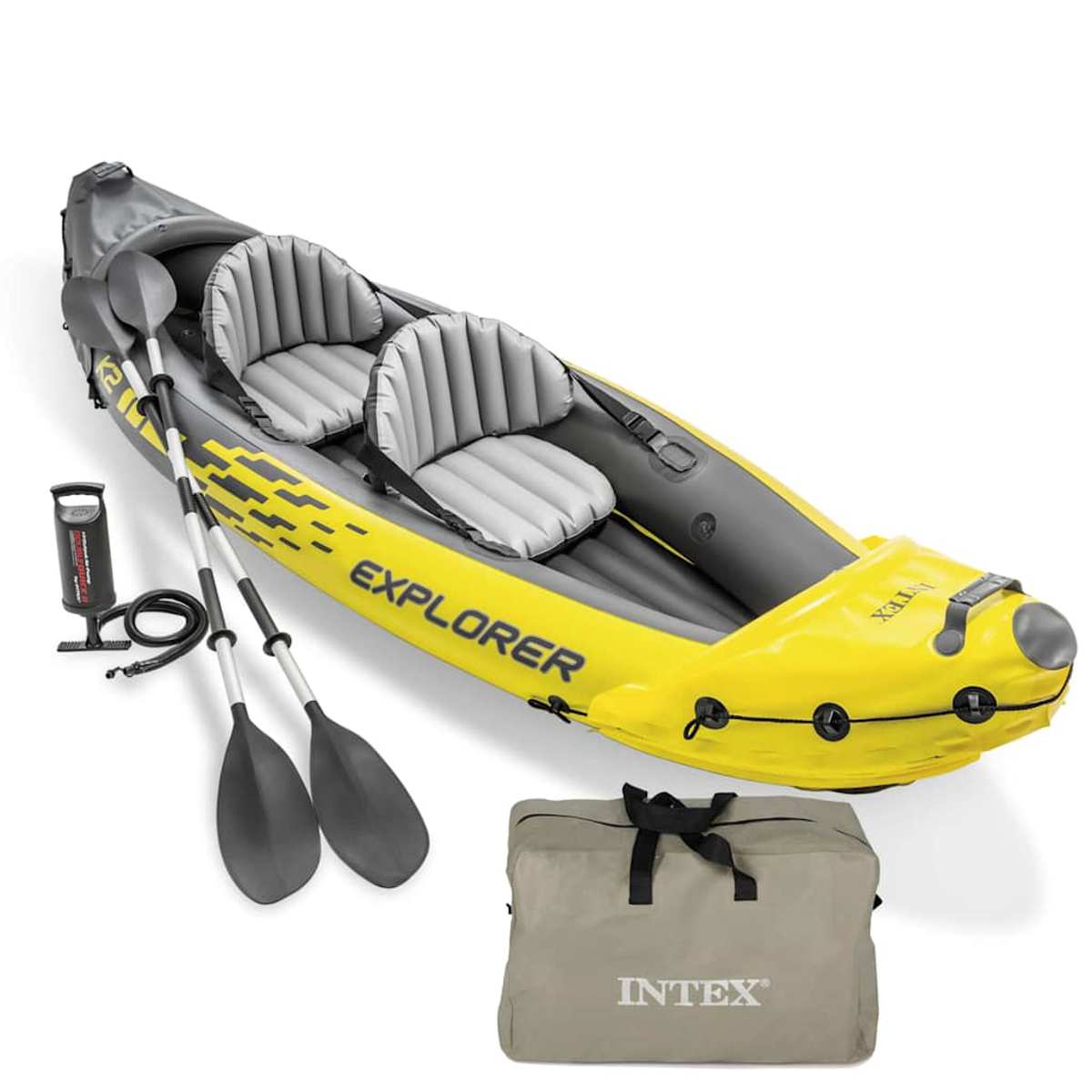 Kayak gonfiabile giallo per due persone con pagaie, pompa e borsa.