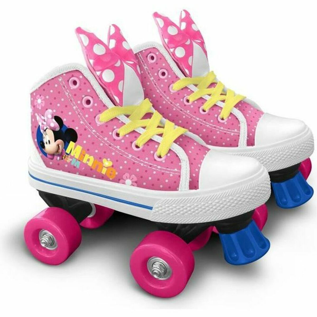 Pattini rosa con disegno Minnie Mouse e lacci gialli.