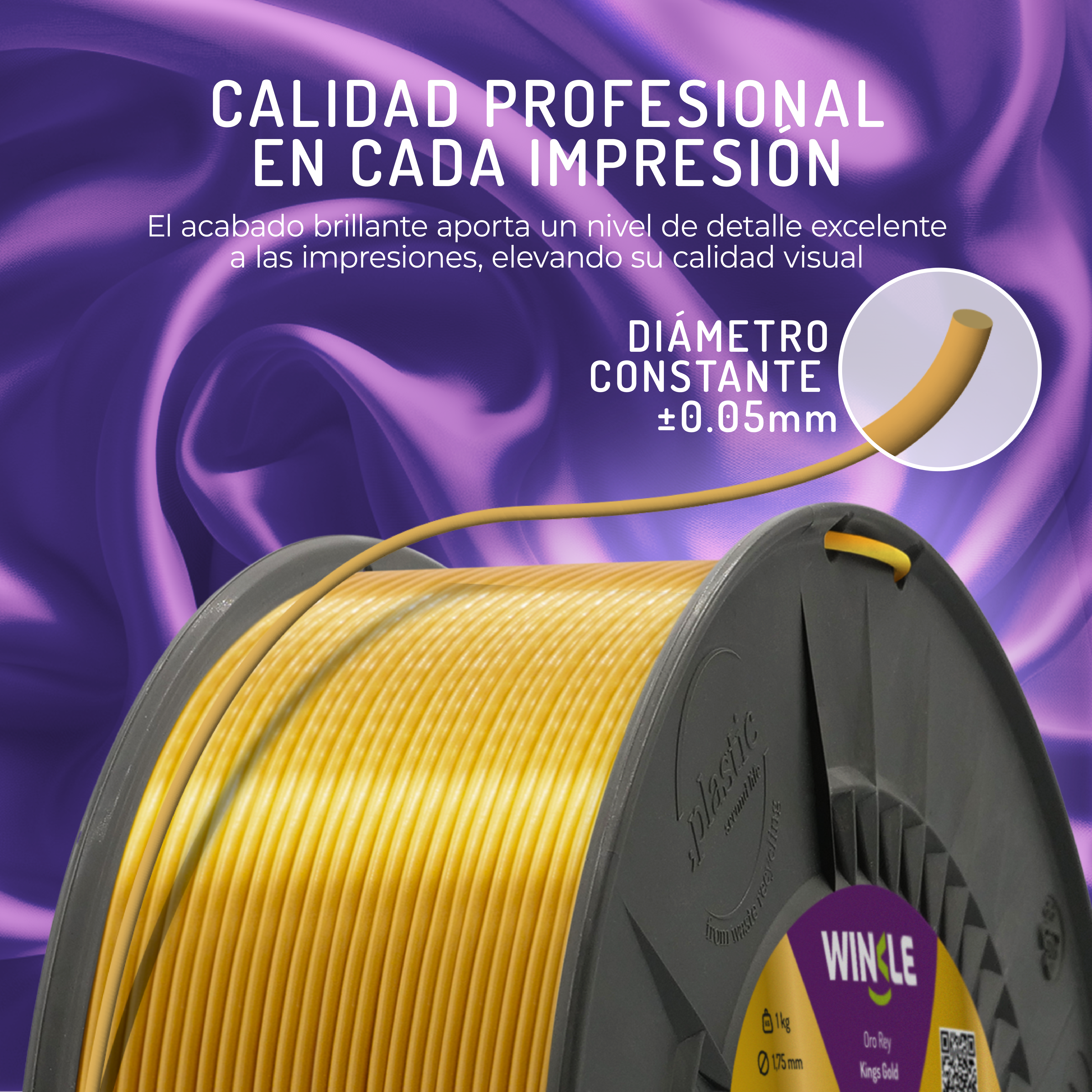 Una bobina de filamento dorado para impresión 3D con texto sobre calidad profesional.