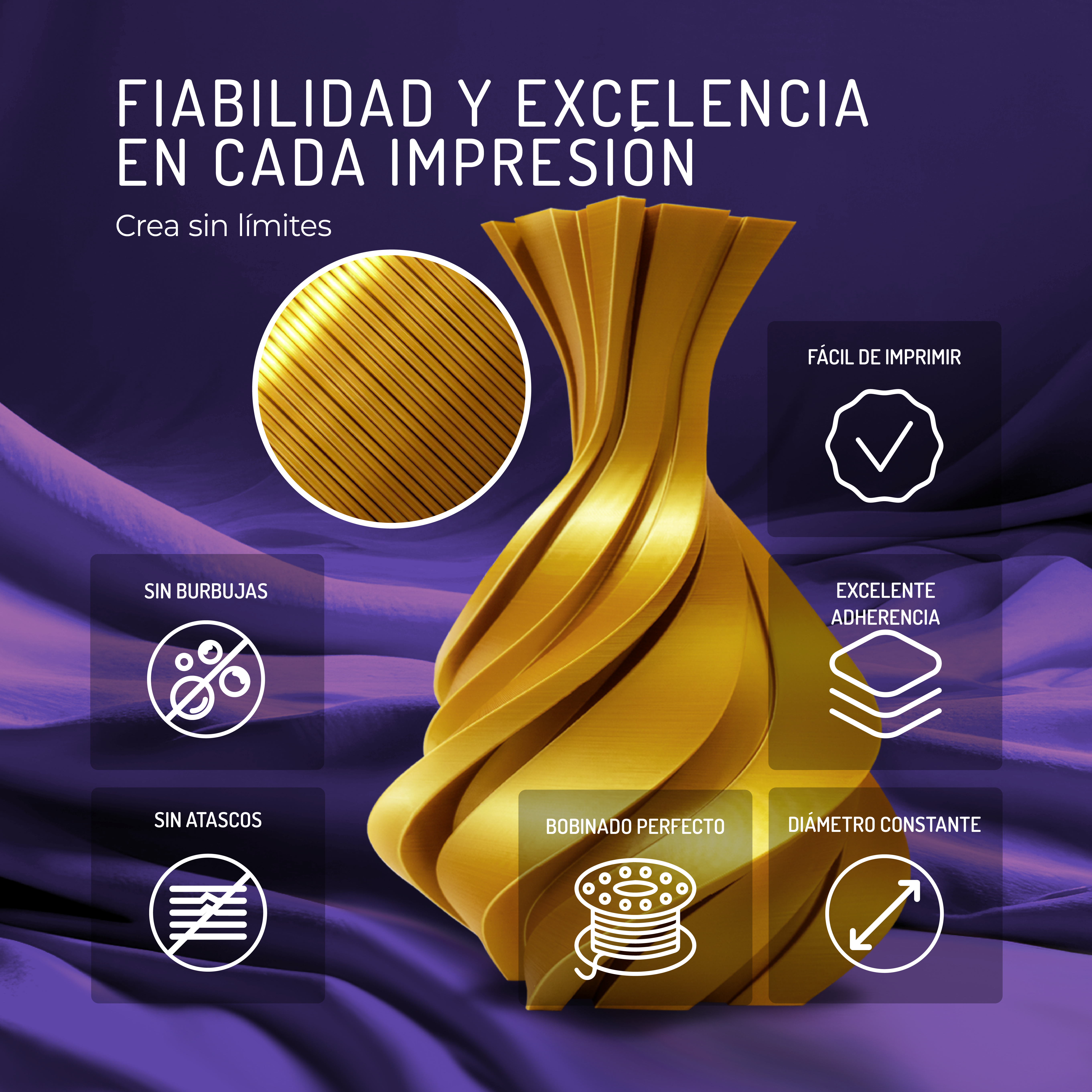 Filamento dorado para impresión 3D con iconos de fiabilidad y calidad.