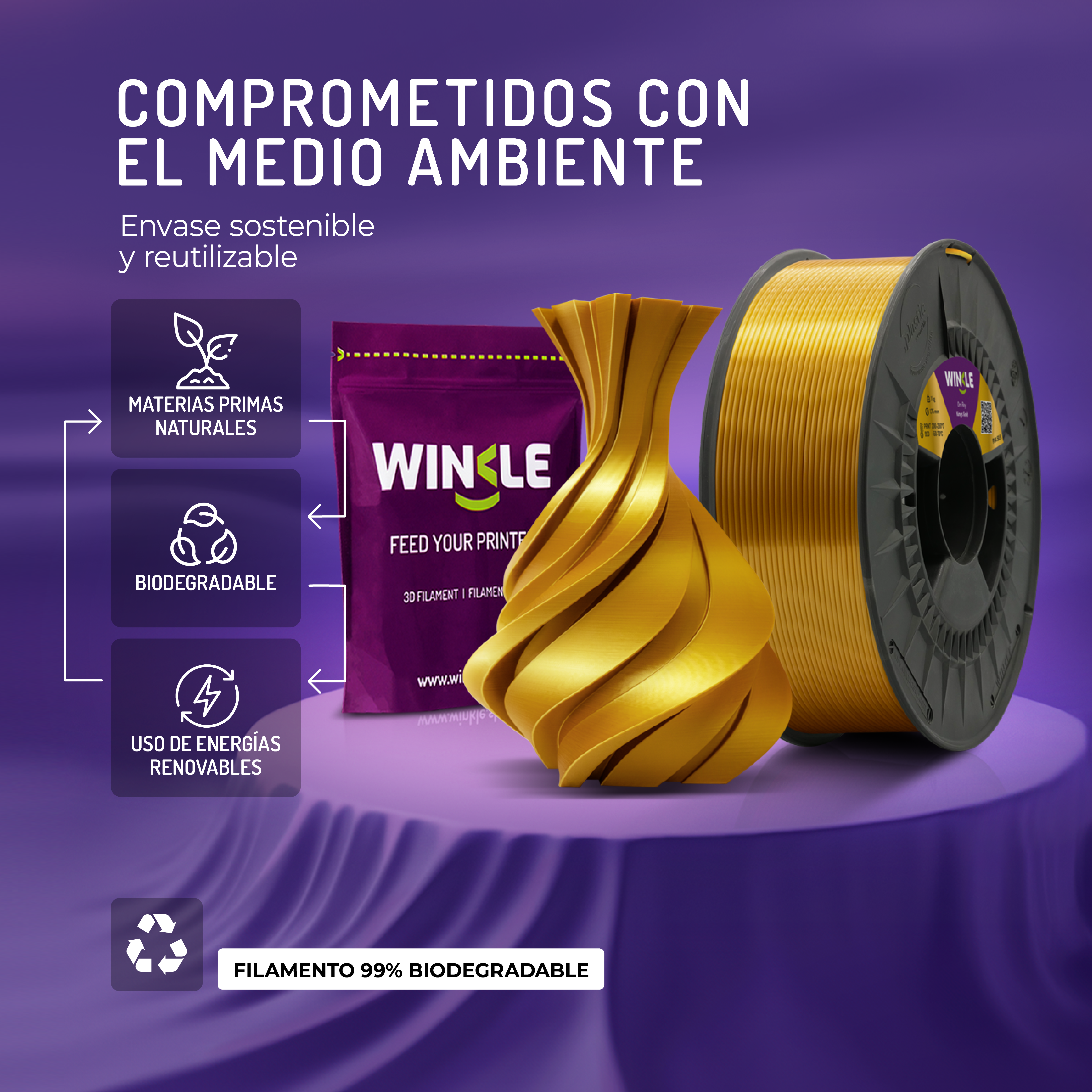 Un filamento dorado de impresión 3D, embalaje morado y un objeto impreso.