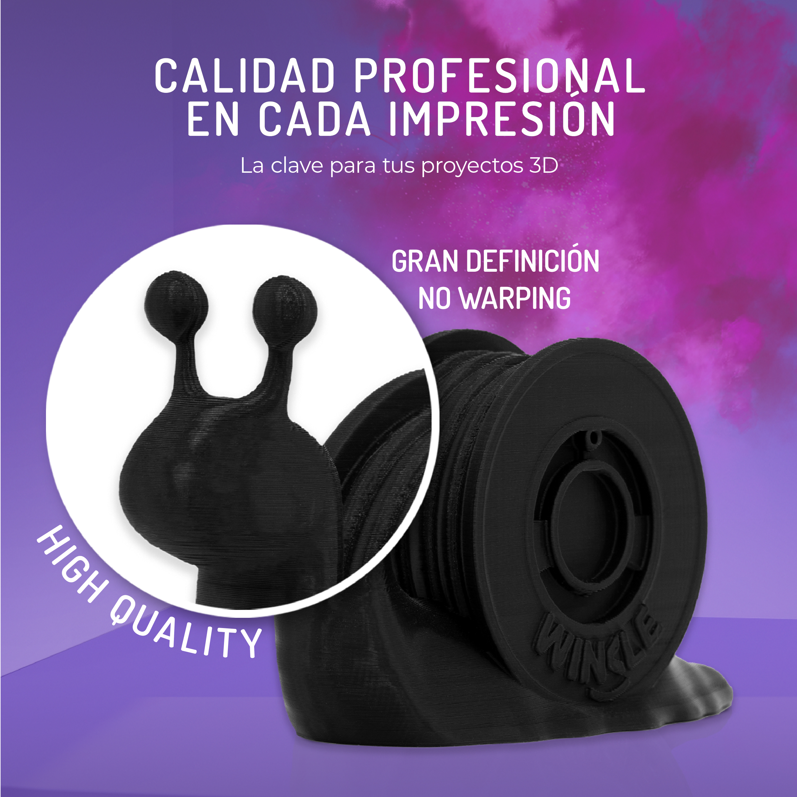 Carrete de filamento negro impreso en 3D con forma de caracol sobre fondo morado.