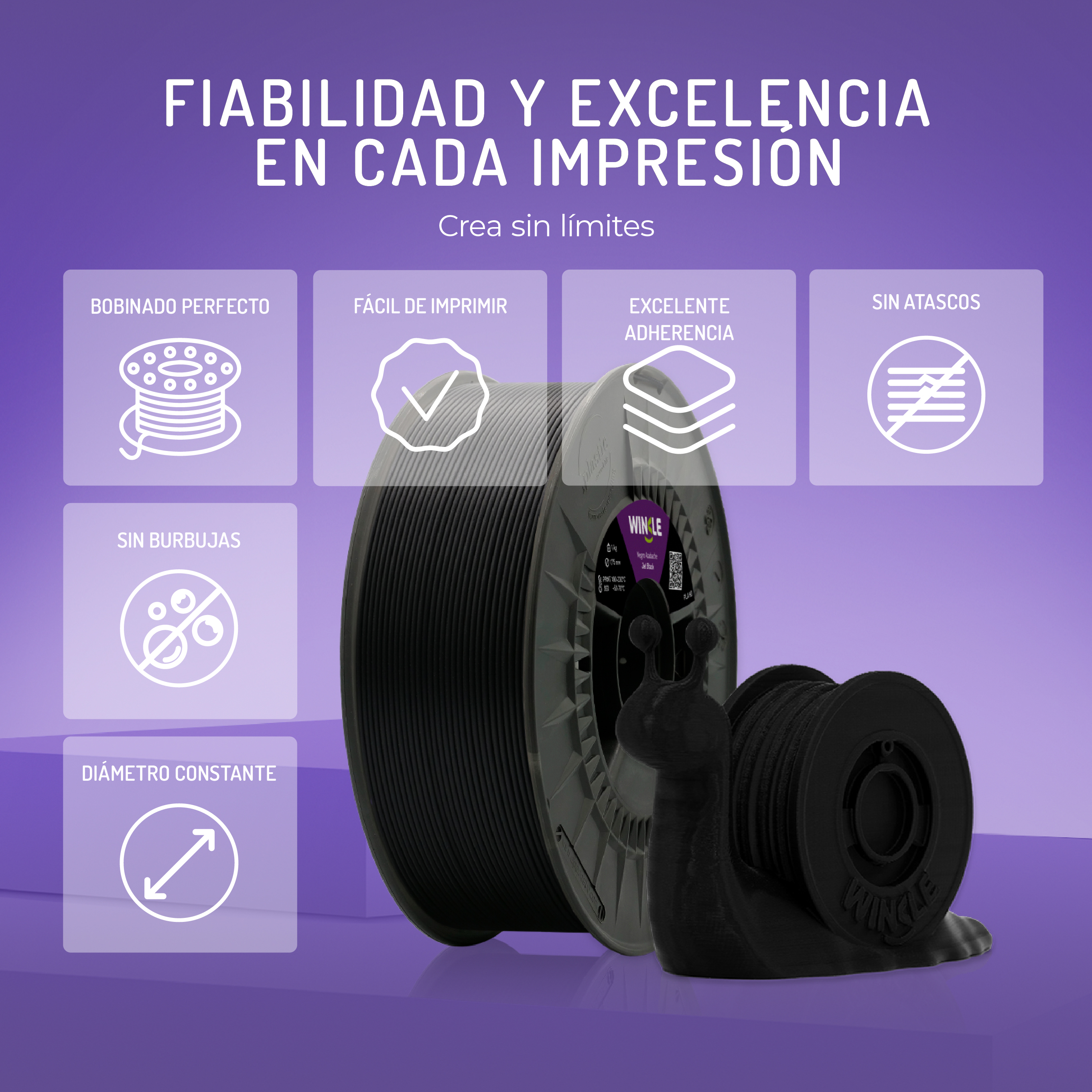 Bobina de filamento de impresión 3D con figura de caracol. Seis recuadros con íconos.