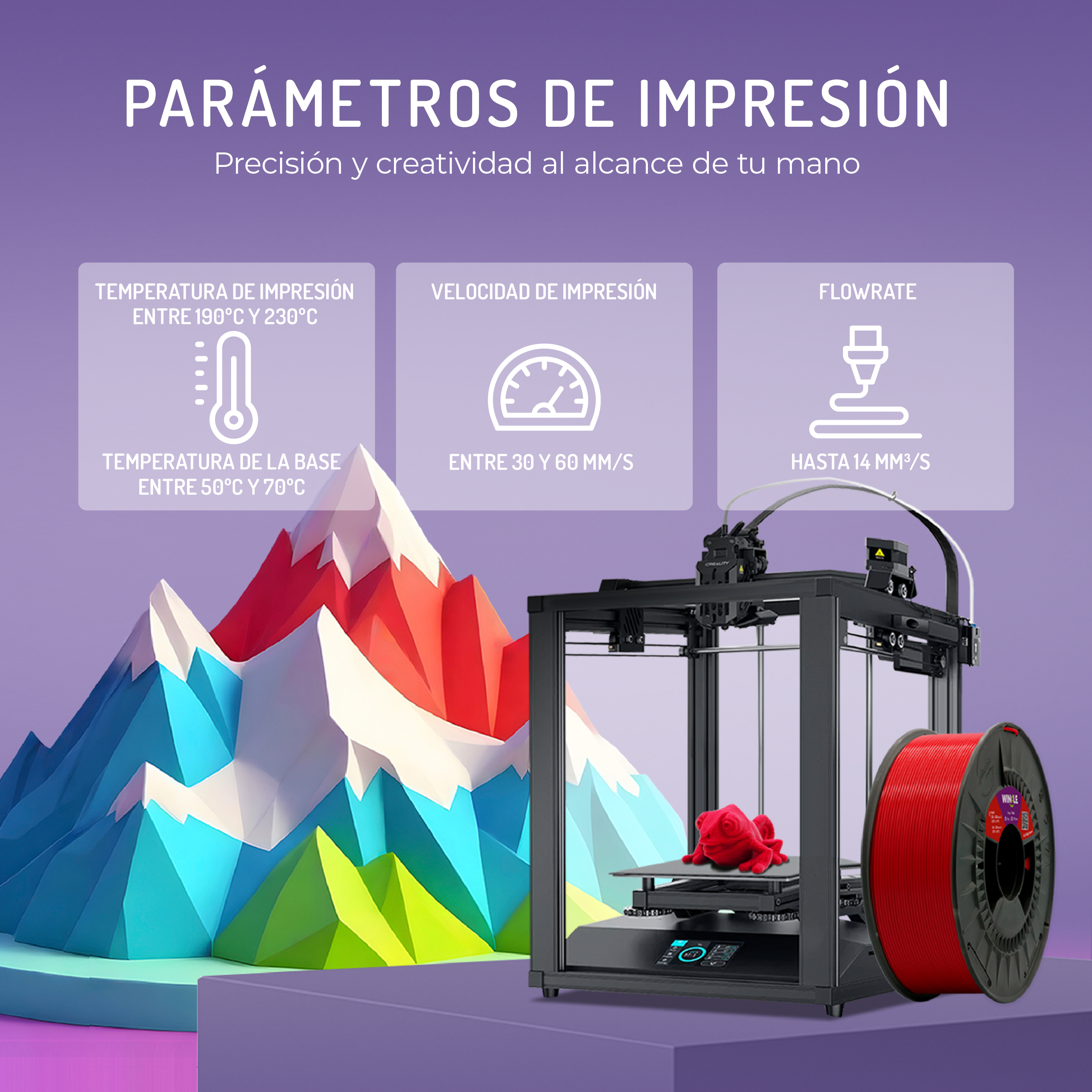 Impresora 3D con filamento rojo y gráfico de montaña. Parámetros de impresión mostrados.