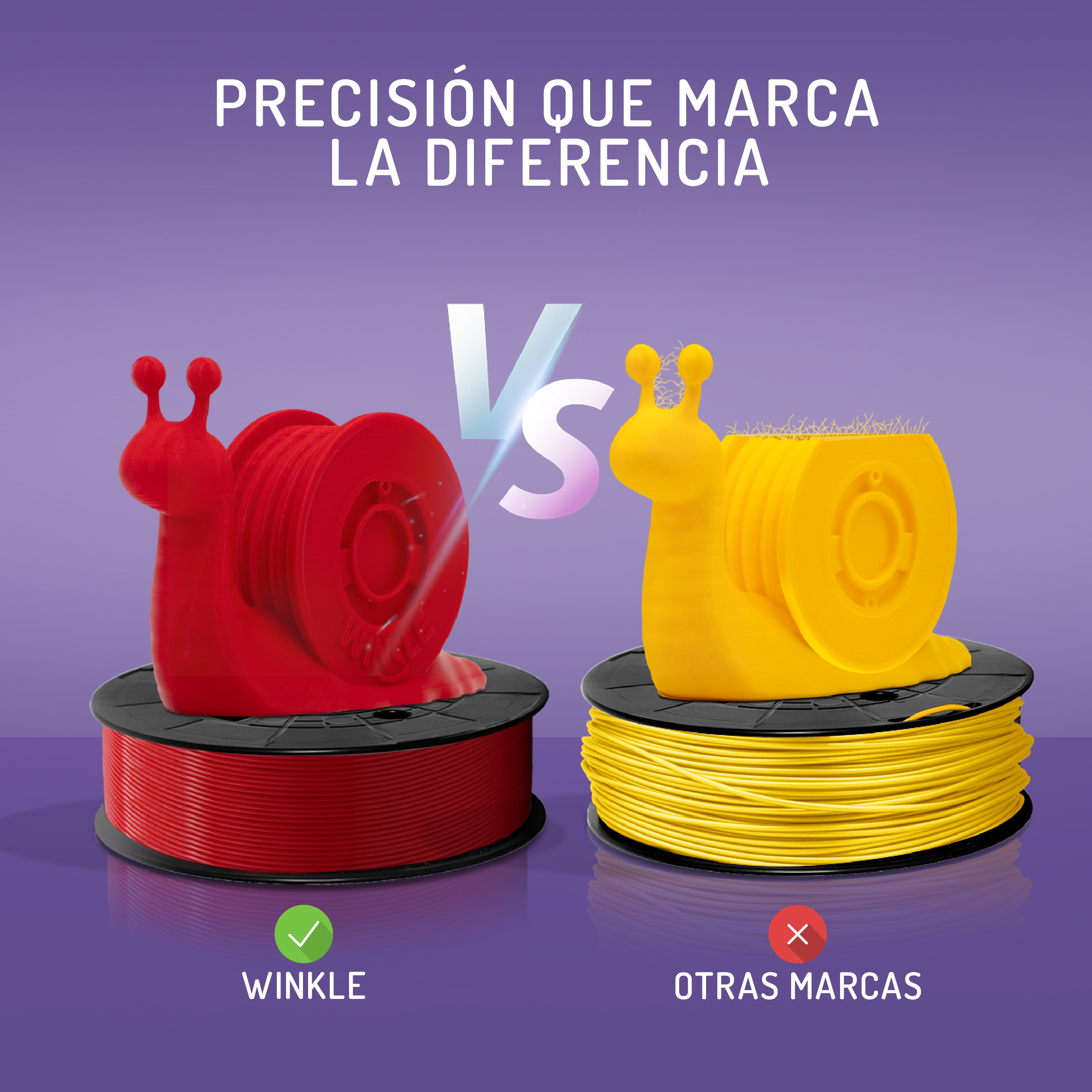 Carretes de filamento de impresora 3D de caracol rojo y amarillo con texto.
