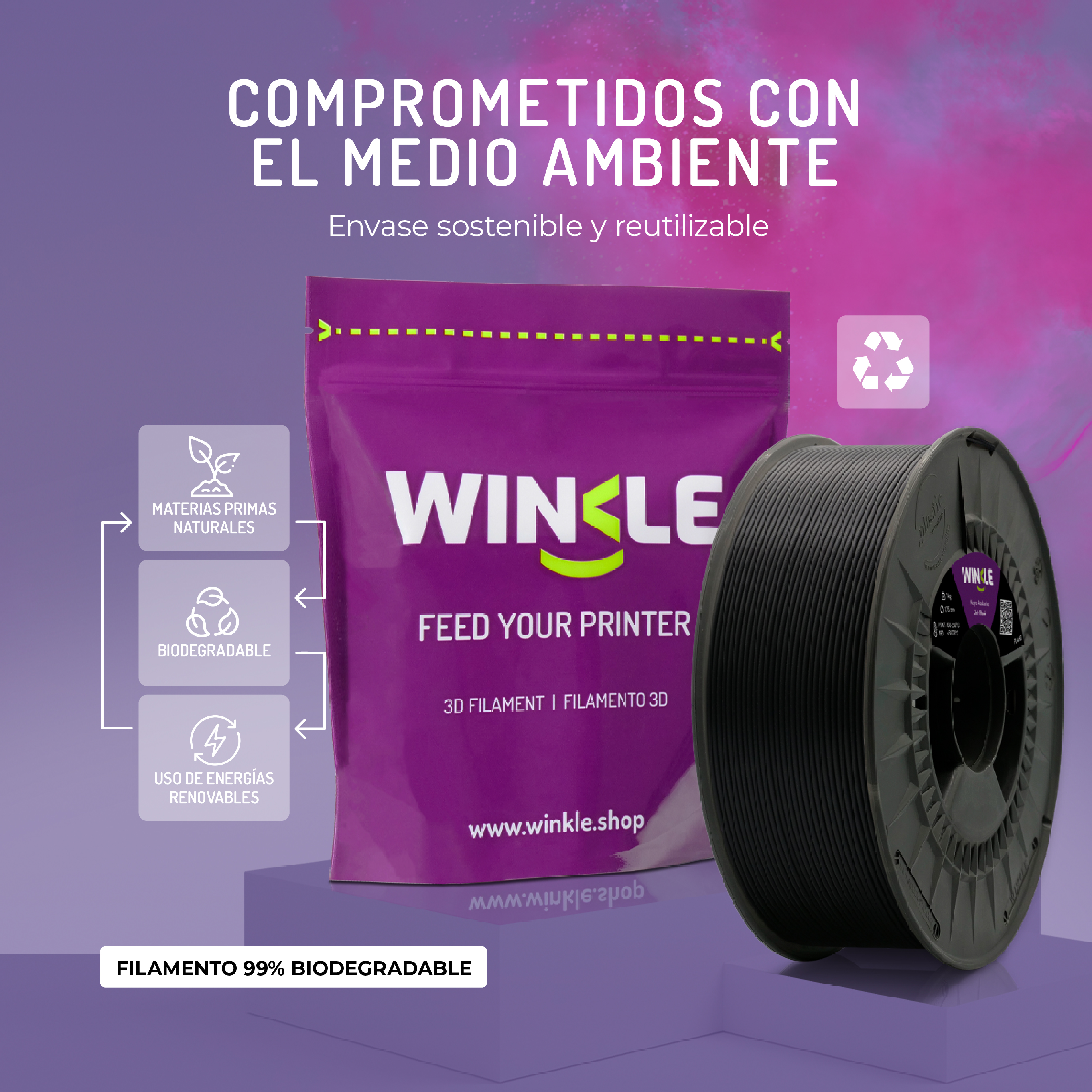 Empaque morado con carrete de filamento 3D. Iconos ecológicos.