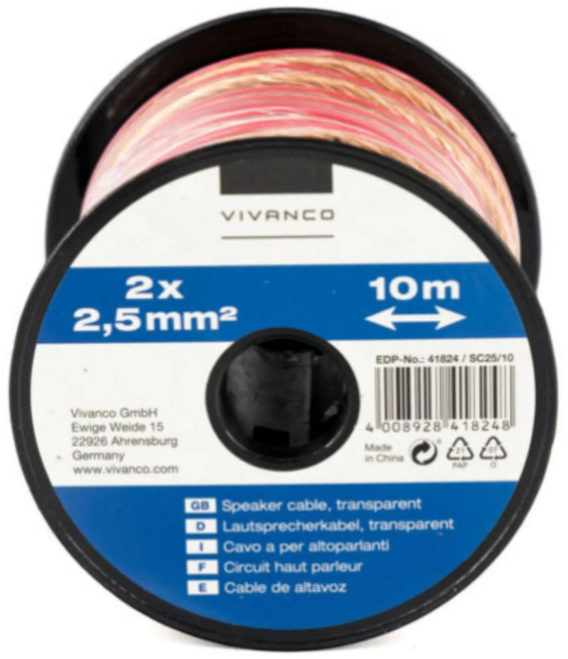 Vivanco cable altavoz, 2x 2,5mm², 10m, transparente.