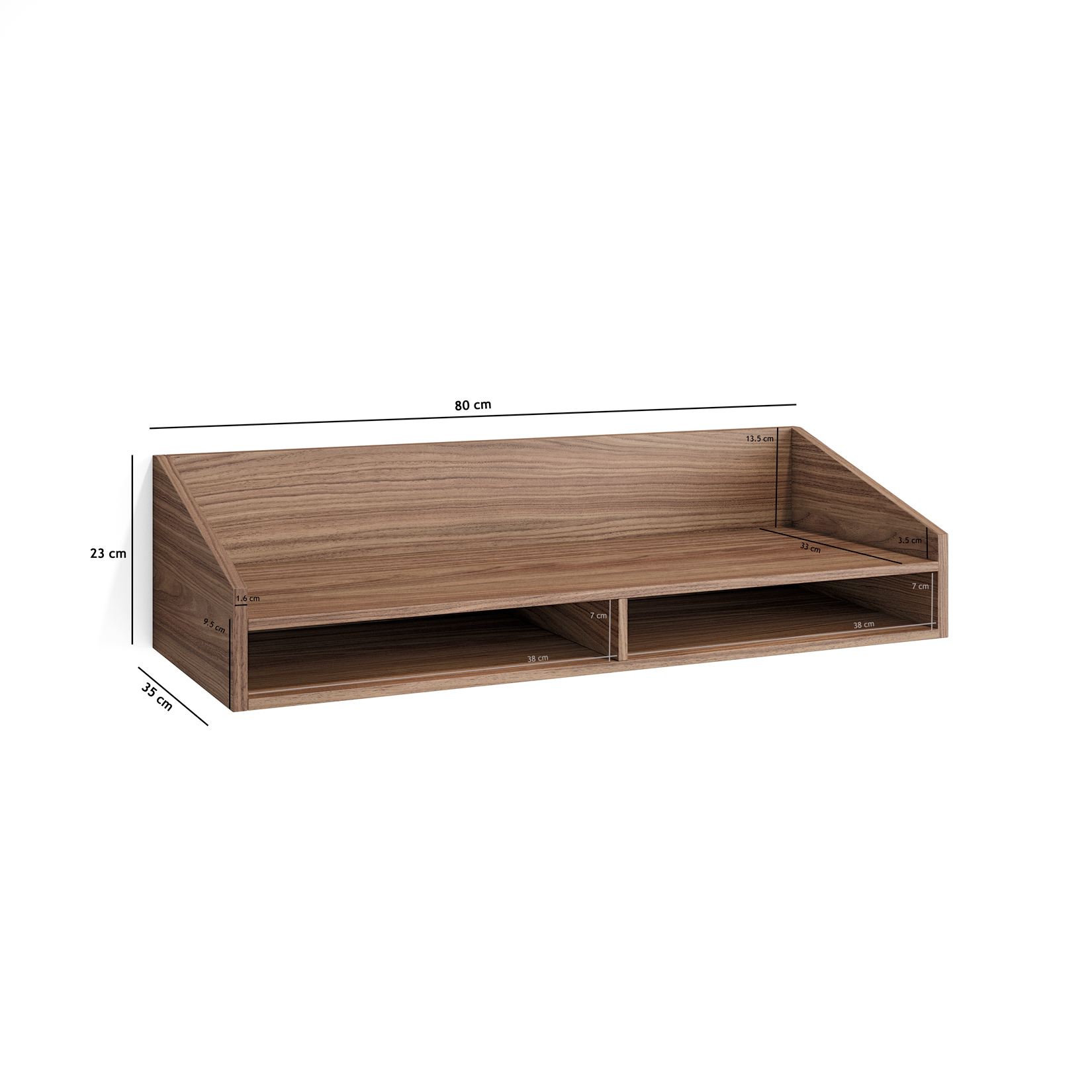 Unidad de estantería de madera marrón con dos compartimentos y dimensiones.