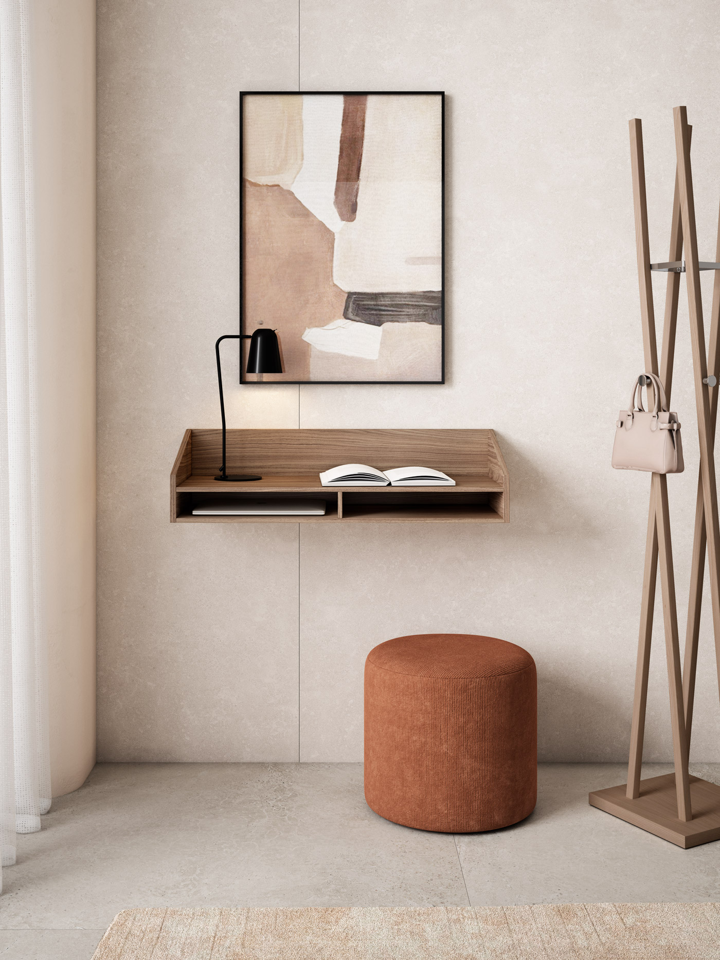 Una entrada minimalista con estante de madera, lámpara, libro, otomana y perchero.