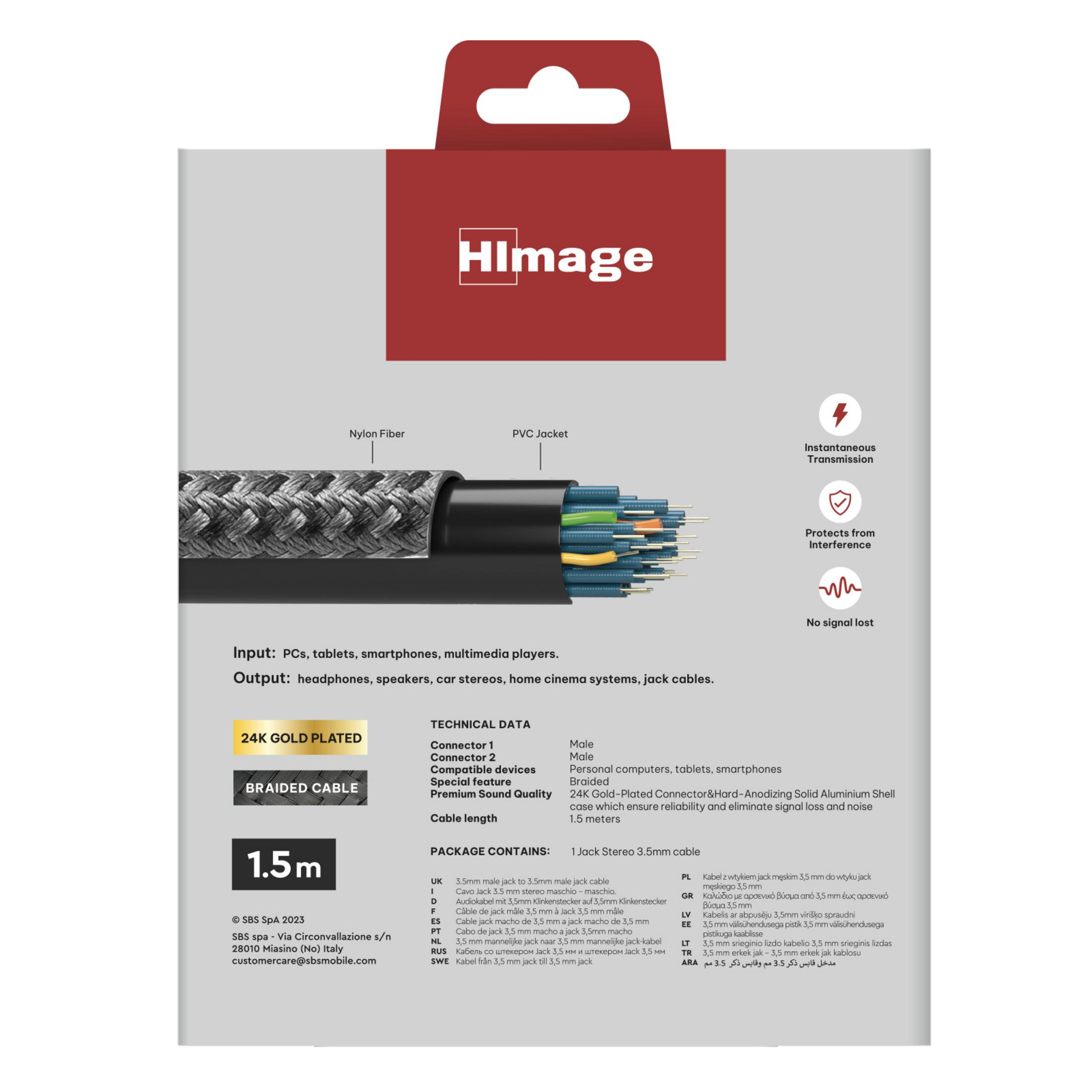 Cable de audio negro trenzado de 1,5m con conectores de 3,5mm, 24K chapado.